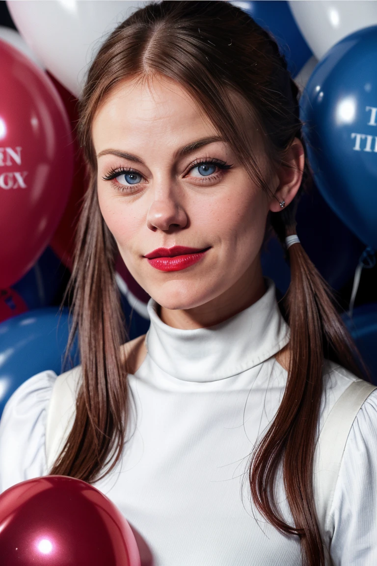 cassidyfreeman, , ((detailed skin, detailed face,detailed eyes, beautiful eyes)), ((red lipstick, eyeliner, eye shadow, blush)), , photo of a woman, ,fashion portrait photo of a woman from the 60s wearing a red turtleneck standing in the middle of a ton of balloons, taken on a hasselblad medium format camera,