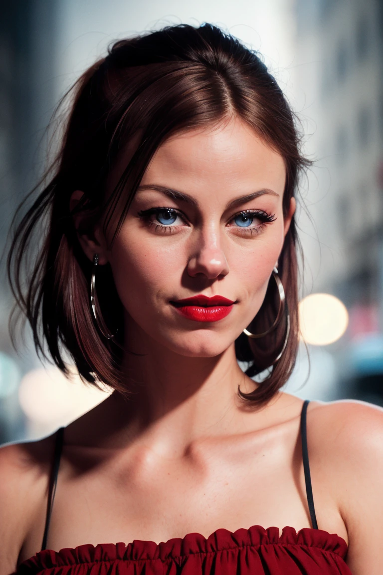 cassidyfreeman, , ((detailed skin, detailed face,detailed eyes, beautiful eyes)), ((red lipstick, eyeliner, eye shadow, blush)), photo of a woman, closeup portrait, perfect hair, (modern photo, Melon tight top), 24mm, (analog, cinematic, film grain:1.3), (on the streets of Paris, nighttime, gritty:1.1), detailed eyes, (seductive pose), (epicPhoto), upper body, (looking at viewer), earrings, (eyeliner, eyelashes)