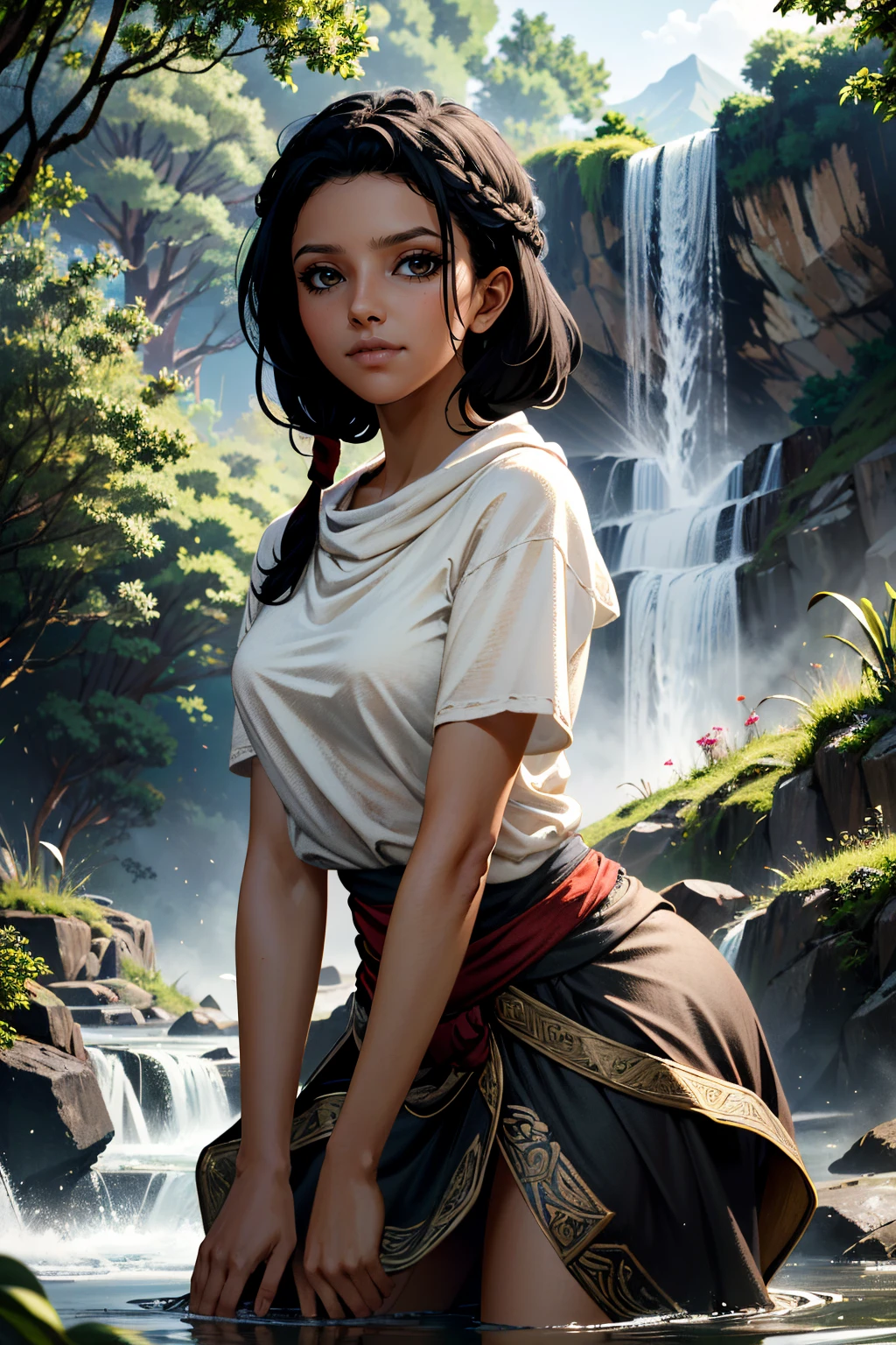 ((ultra detailed, masterpiece, absurdres))
<lora:ACAya:0.7>
ACAya, 1girl, black hair, brown eyes, dark skin, looking at viewer, in front of hidden mountain waterfall, morning, secluded and refreshing with soft morning light on cascading water