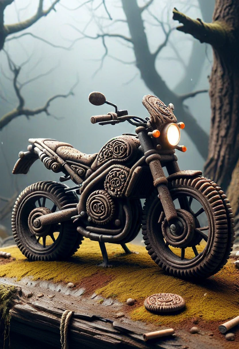 motorbike made of creamy cookies,  set in a haunted forest, with gnarled branches, thick fog, whispering winds, and scattered ruins, ,Masterpiece,best quality, photo, realistic, very aesthetic, still life photography, capturing tranquility, timeless beauty, meticulous arrangement, exquisite detail, professional lighting, expert composition, evocative mood, storytelling through objects, artistic interpretation, creative expression, showcasing textures, intricate patterns, enhancing atmosphere, conveying emotions, masterful technique, immersive experience"