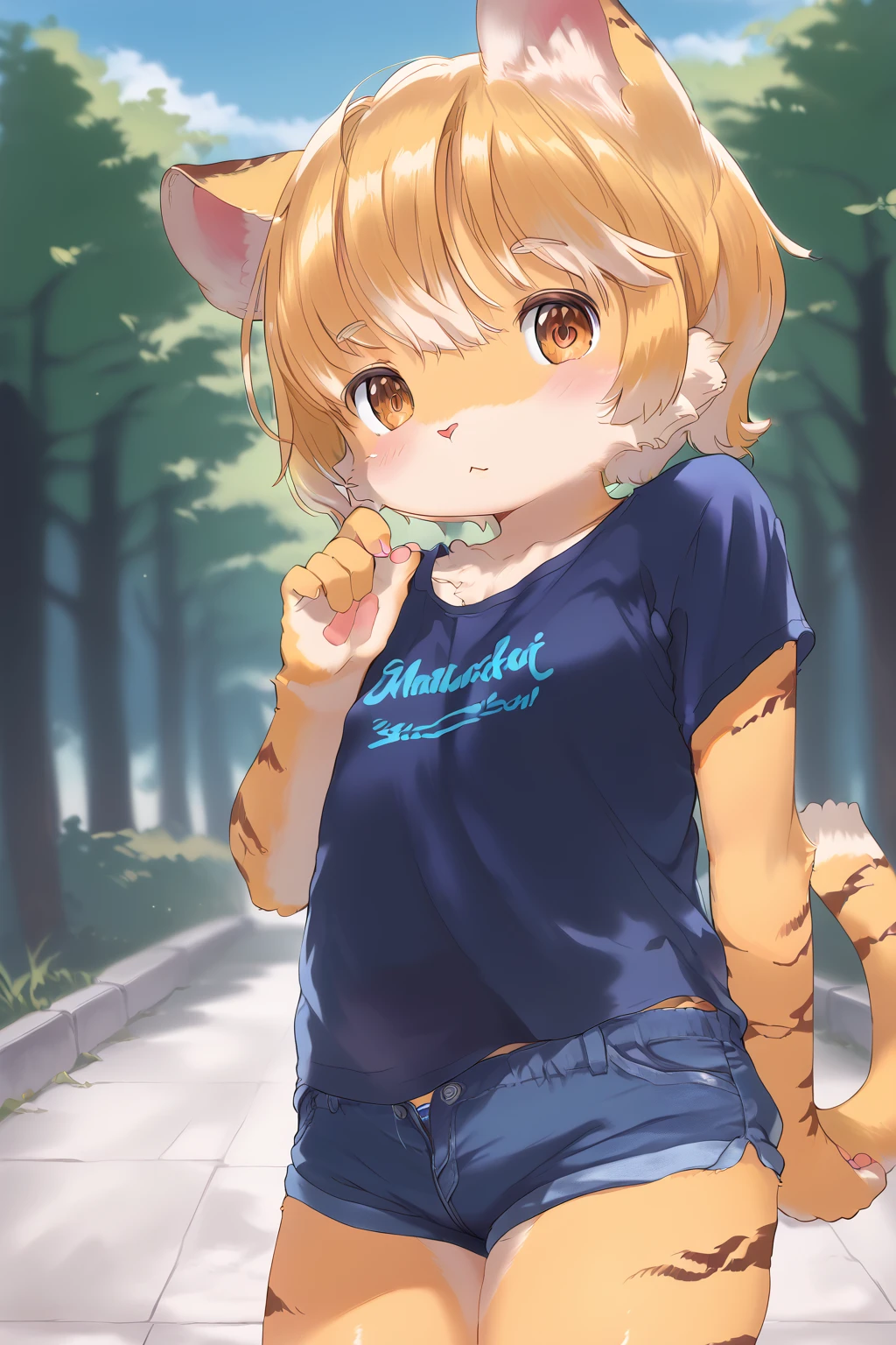 Solo, 1boy, male, young, furry, kemono, anthro, fur, fluffy, cute face, tiger boy, animal ears, animal tail, yellow eyes, detailed eyes, brilliant eyes, yellow hair, short hair, perfect anatomy, detailed skin, perfect hands, perfect face, eyes wide open, BREAK blue shirt, short shorts, BREAK standing, blush, curious expression, park, outdoors, colorful, looking at viewer, upper view, dutch angle, BREAK ((ultra-detailed)), ((best quality)), ((best quality)), ((beautiful eyes)), ((extremely detailed)), 4K, (8K), best quality, (beautiful), Master piece, highres, score_9, score_8_up, score_7_up, score_6_up, score_5_up, score_4_up, colorful, best quality, official art, highres, masterpiece, nai3, god light, detailed background, high quality background, AddXL, <lora:Visark:1> visark, <lora:more_details:1> <lora:light_sharp_style_magin3.1:1>