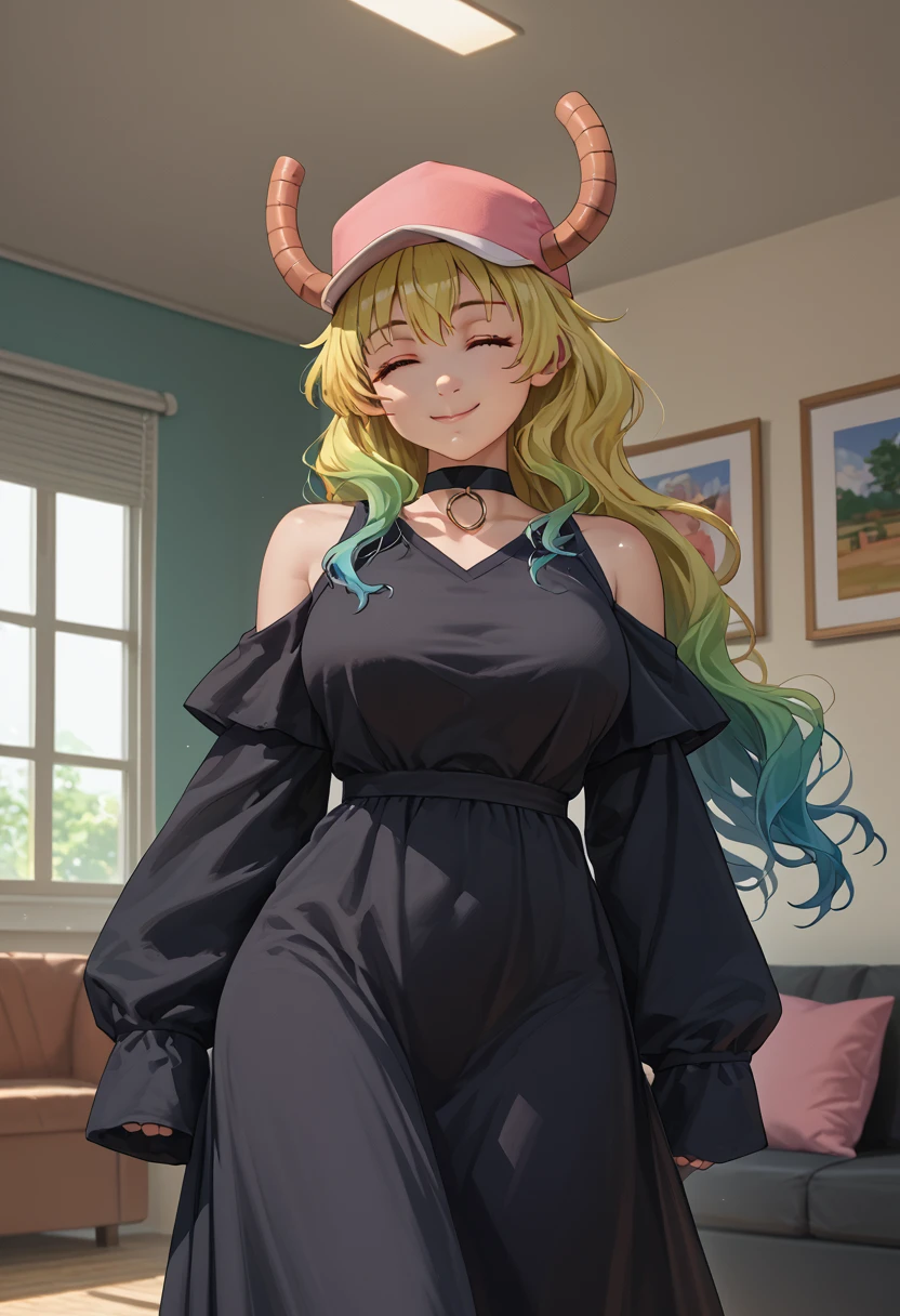 score_9, score_8_up, score_7_up, source_anime, solo, 1girl, mkdmluc0a, smile, standing, pink headwear, horns through headwear, baseball cap, dragon horns, closed eyes, choker, black dress, long dress, shoulder cutout, sleeves past fingers, large breasts, indoors, living room <lora:maidragon_lucoa_ponyXL:1> <lora:Hoseki_BocchiTheRock_Pasan_PDXL_v2:1>