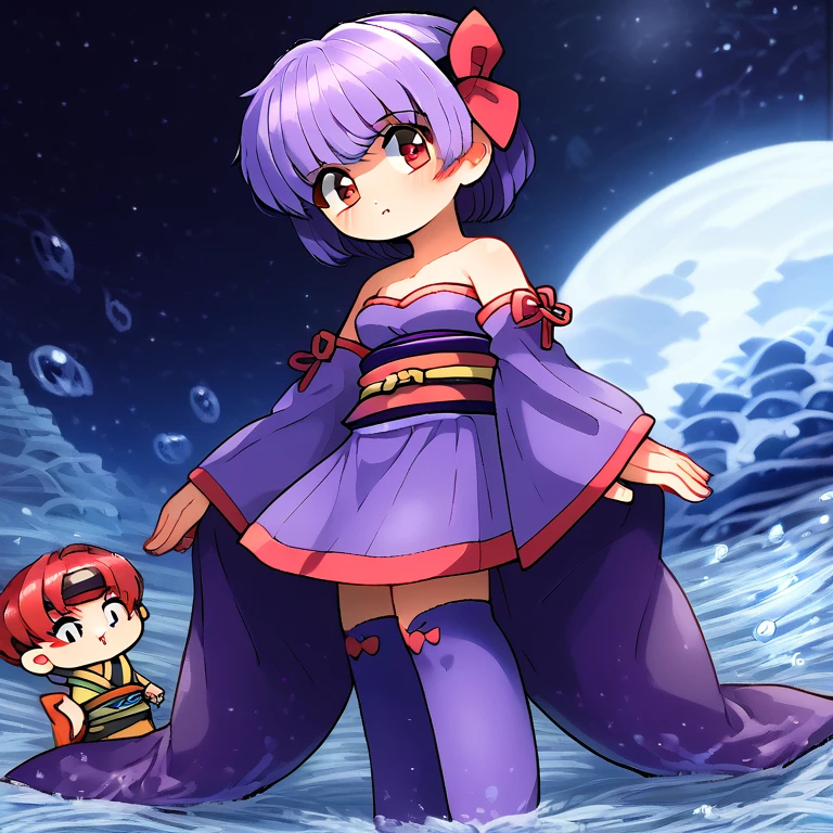 <lora:murasakigezi-05:1> chibi  <lora:ayane-v2-ponyxl:0.8> ayane, headband, ayanedef, strapless dress, obi, bare shoulders, purple detached sleeves, purple thighhighs, japanese clothes, purple dress, red back bow