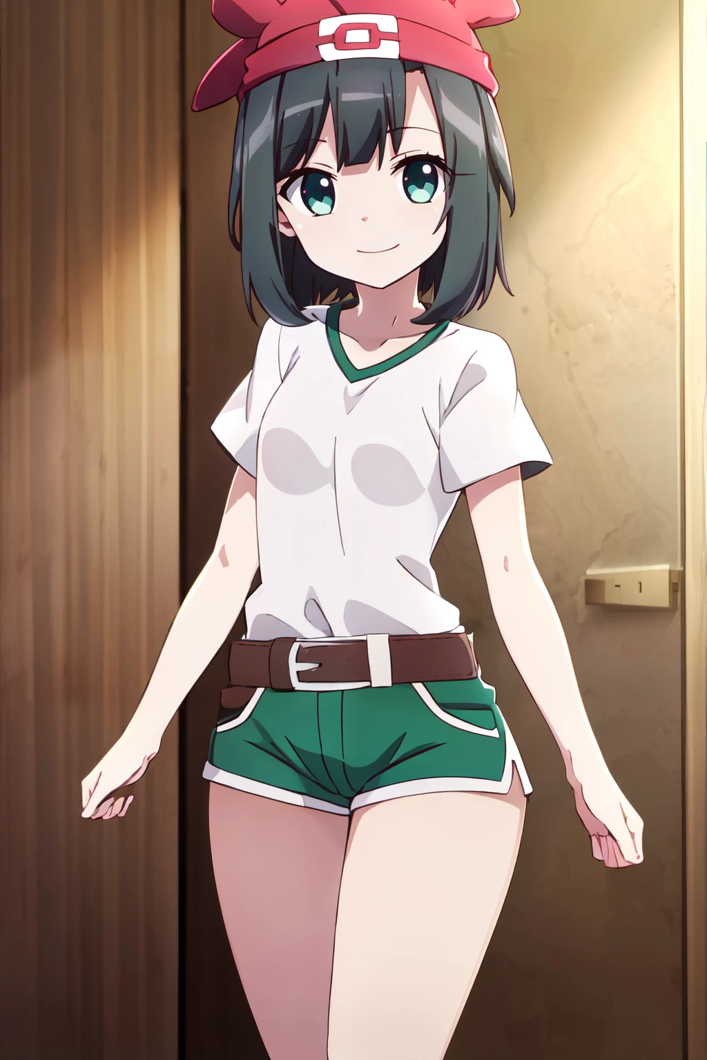 ((masterpiece,best quality)), absurdres,  <lora:PrismaIllya_v5:0.8>, BREAK, , BREAK, <lora:Selene_SD:0.8>, zzSelene, 1girl, solo, black hair, green shorts, red headwear, beanie, shirt, tied shirt, floral print, short hair, short sleeves, short shorts, striped, white shirt, belt,, BREAK, solo, smile, looking at viewer, cowboy shot,