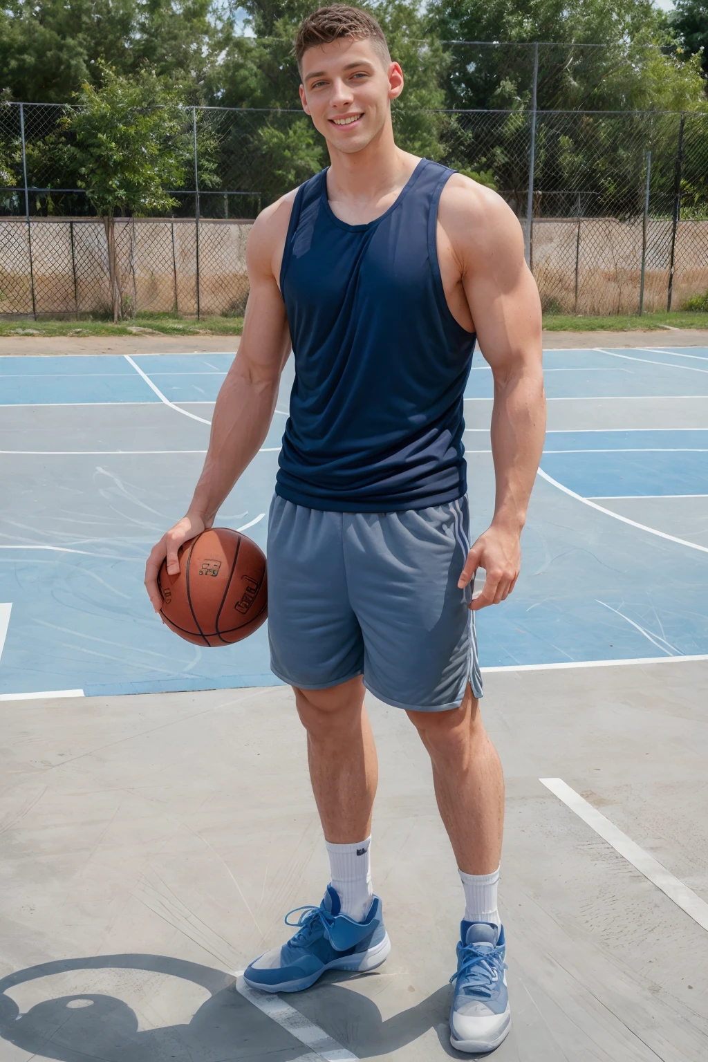 trees in the background, gray concrete outdoor basketball court, sweaty DaneDekota is a basketballplayer, sweaty tank top, shorts, white socks, black sneakers, basketball, dynamic movement, dribbling, (((full body portrait))), wide angle <lora:Clothing - Sexy Basketball Player:0.7> <lora:DaneDekota:0.8>