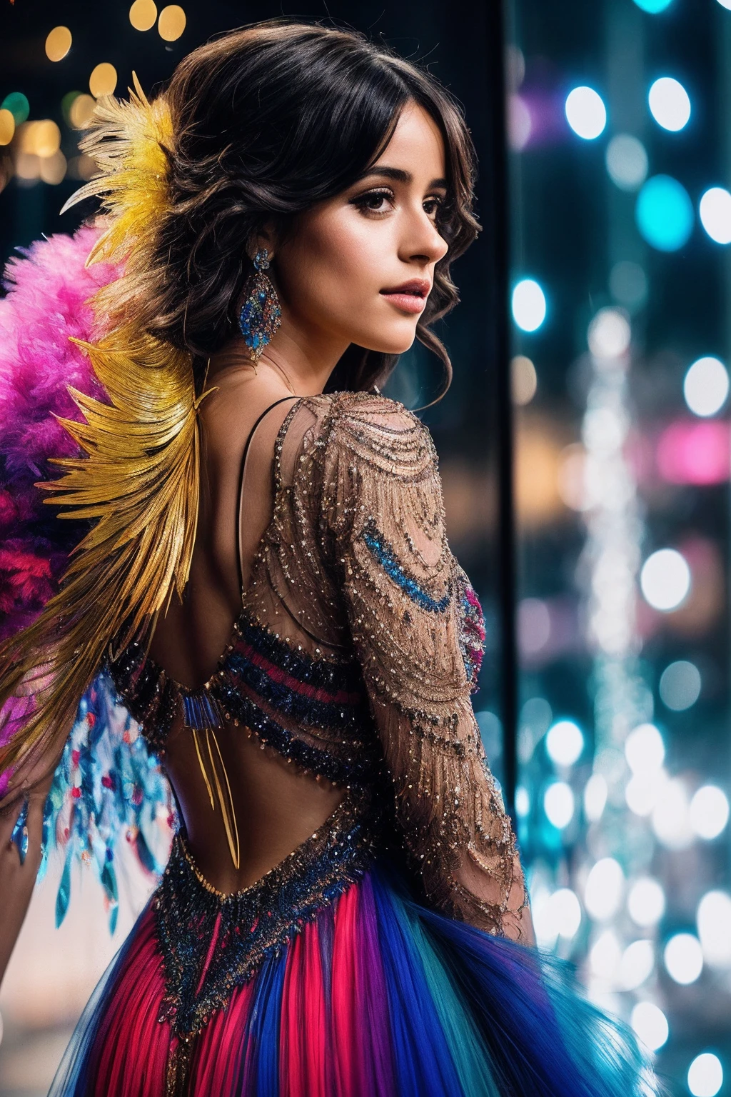 CamilaC_SoloTI_v1,
(A vibrant kaleidoscope of colors, with a flowing asymmetrical dress adorned with sequins and feathers, for a mesmerizing and captivating visual feast:1.1), ((In a contemporary art gallery, with avant-garde installations and interactive displays, as lights dance and reflections create a world of wonder:1.2)), (seductive), photorealistic, masterpiece, high quality, artistic, unique, award winning photograph, professional, 8k, RAW photo, best quality,flattering, (cinematic:1.3),
<lora:add_detail:0.6> epiCPhoto, PA7_Portrait-MCU,
