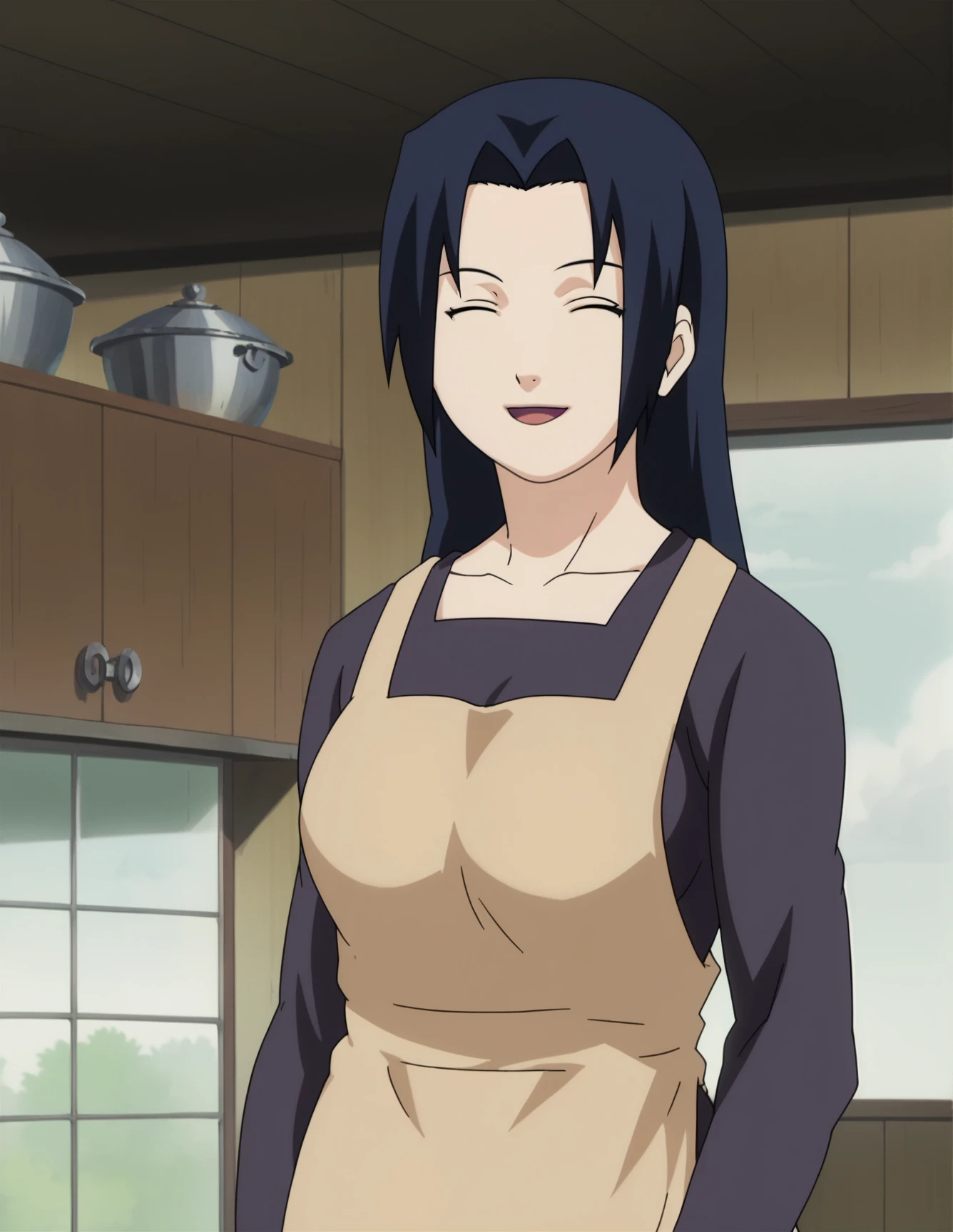 score_9, score_8_up, score_7_up, source_anime,anime screencap,anime coloring, intricate details,
uncensored,
mature female,
mikoto,1girl,long hair,black hair,uchiha mikoto,blue hair,black eyes,
large breasts,
apron, 
cowboy shot, upper body, 
smile, happy, ^ ^, closed eyes, open mouth, 
perfect anatomy,
scenery,indoors, 
<lora:Mikoto_Uchiha:1>,