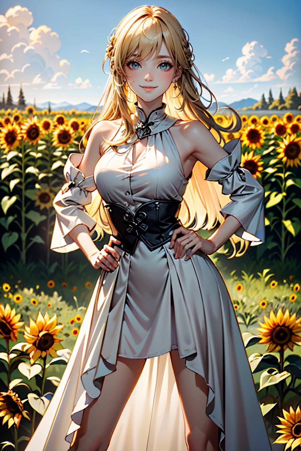 ((ultra detailed, masterpiece, absurdres))
<lora:LANineveh:0.8>
LANineveh, 1girl, blonde hair, long hair, looking at viewer, surrounded by sunflowers in a bright field, smiling, with hands on hips