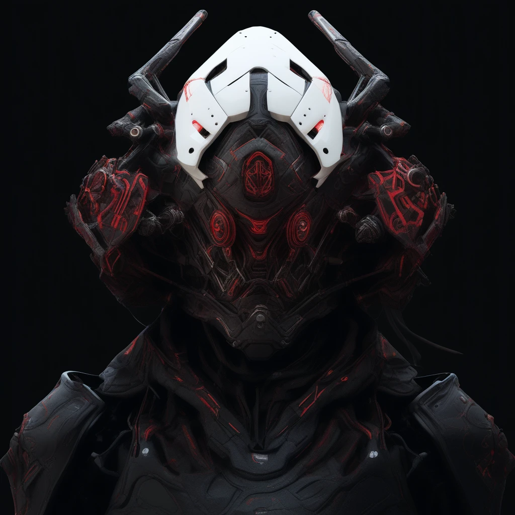 Highly detailed and futuristic digital artwork featuring a humanoid figure adorned with an intricate, robotic helmet and armor. The helmet is predominantly white with black and red accents, featuring multiple angular and mechanical components, including antennas and glowing red lights. The figure's face is obscured by the helmet, which has a central red circular element and various small, detailed parts. The armor extends to the shoulders and chest, with a dark, metallic finish and red highlights. The background is solid black, emphasizing the complexity and high-tech nature of the subject.