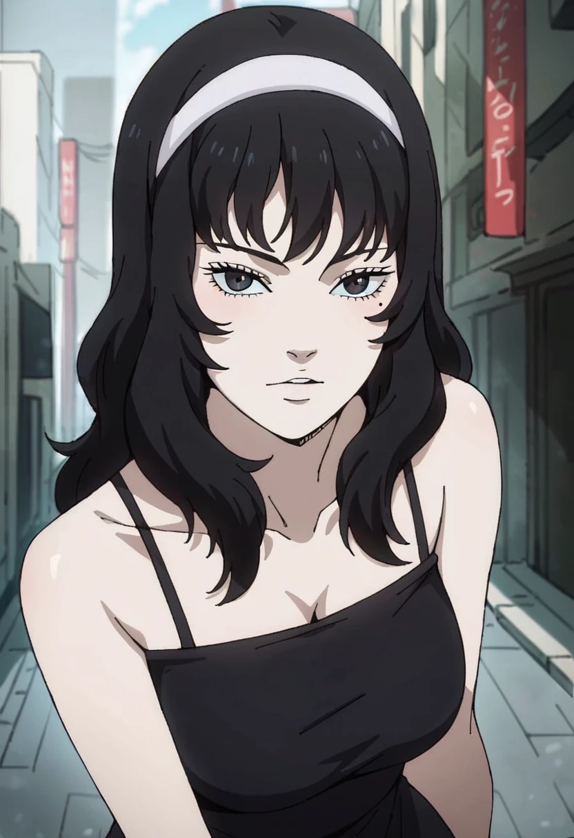 score_9, score_8_up, score_7_up, score_6_up, perfect face, perfect eyes, source_anime, vxtomiem, 1girl, black hair, hairband, solo, long hair, mole under left eye, black dress, <lora:tomie_maniac_pony:0.8>, <lora:SDXL_BetterFaces-LoRA_v1:0.9> 4ng3l face, in city