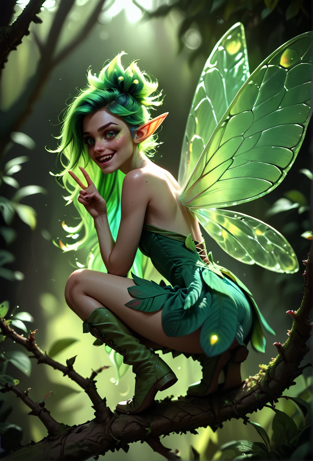 score_9, score_8_up, score_7_up, photo of a 1girl fairy squatting on a branch in dark magical forest, from behind, looking back at viewer over shoulder, fairy wings, skinny, green dress, off one shoulder dress, knees boots, two-toned dyed hair, long hair, peace sign hand gesture, excited happy facial expression, detailed sharp background, glowing fireflies