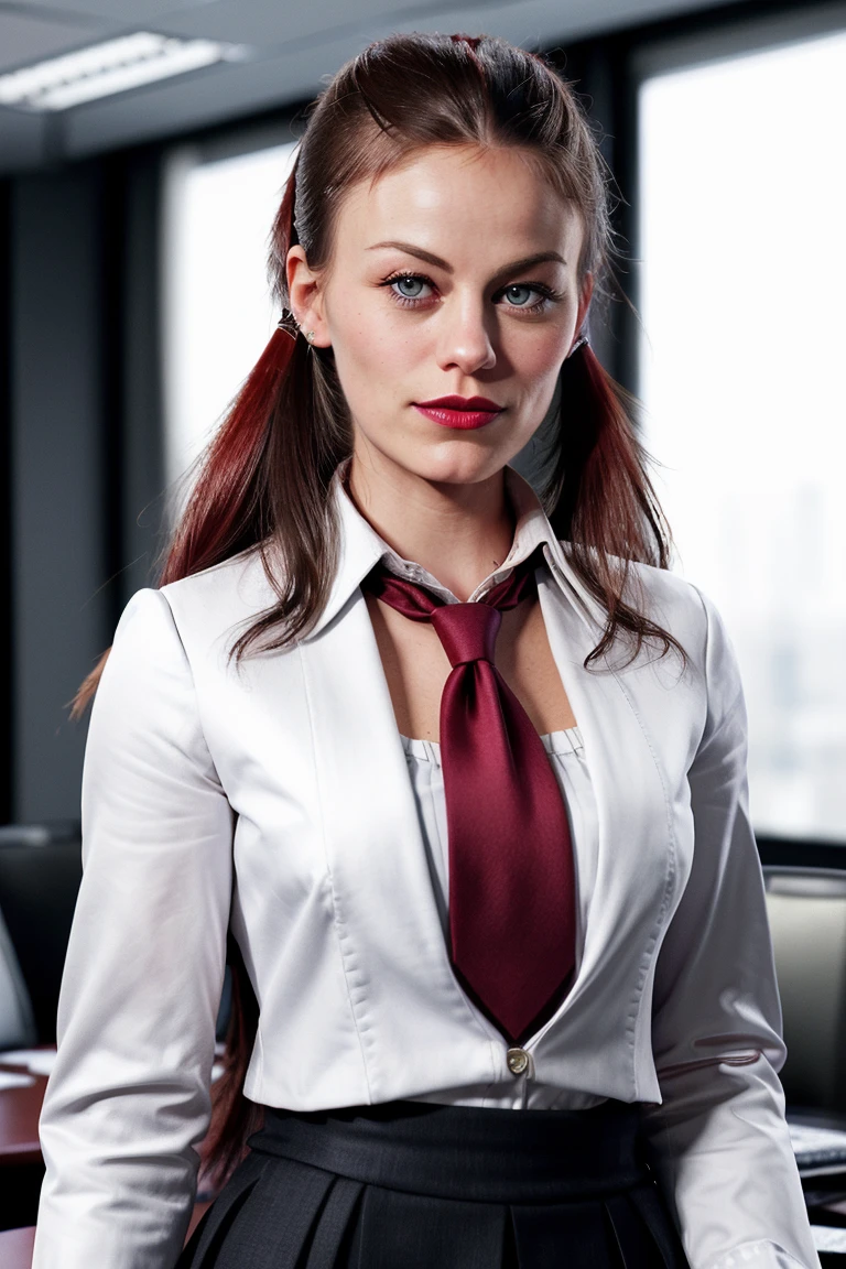 cassidyfreeman, , ((detailed skin, detailed face,detailed eyes, beautiful eyes)), ((red lipstick, eyeliner, eye shadow, blush)), , photo of a woman, ((suit jacket, white shirt, necktie, skirt, conference room, office))