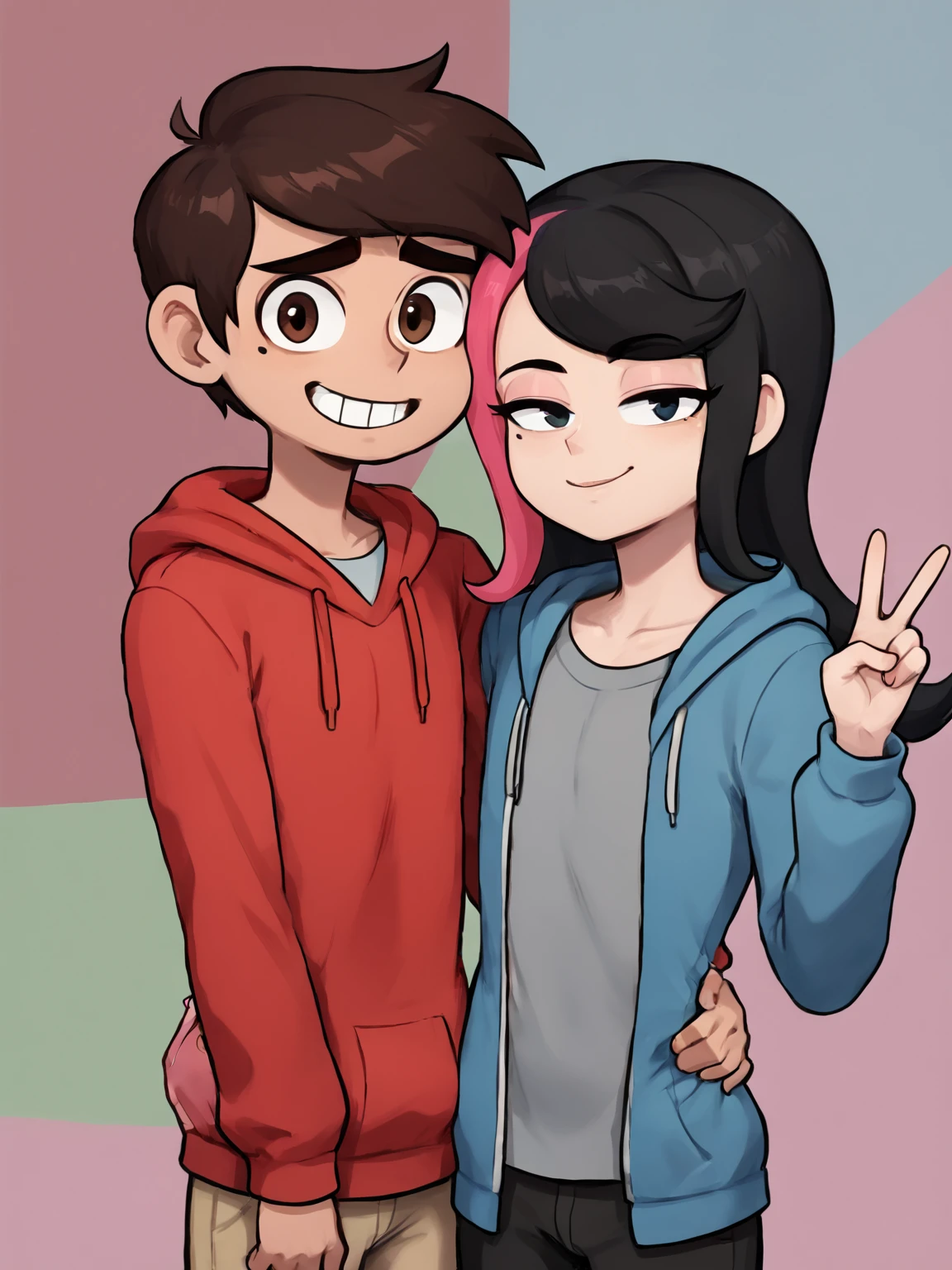 2boys,<lora:marcoshezow:0.75>,mole under eye,looking looking at viewer, hand around waist,
BREAK 2boys, (marco diaz,dark-skinned male,brown eyes, red hoodie,brown hair,short hair,embarrassed, smile,blush,)
BREAK 2boys, (shezow,two-tone hair,v, black hair,(pink hair:0.6),blue hoodie,open clothes,grey shirt,long hair,half-closed eyes, )