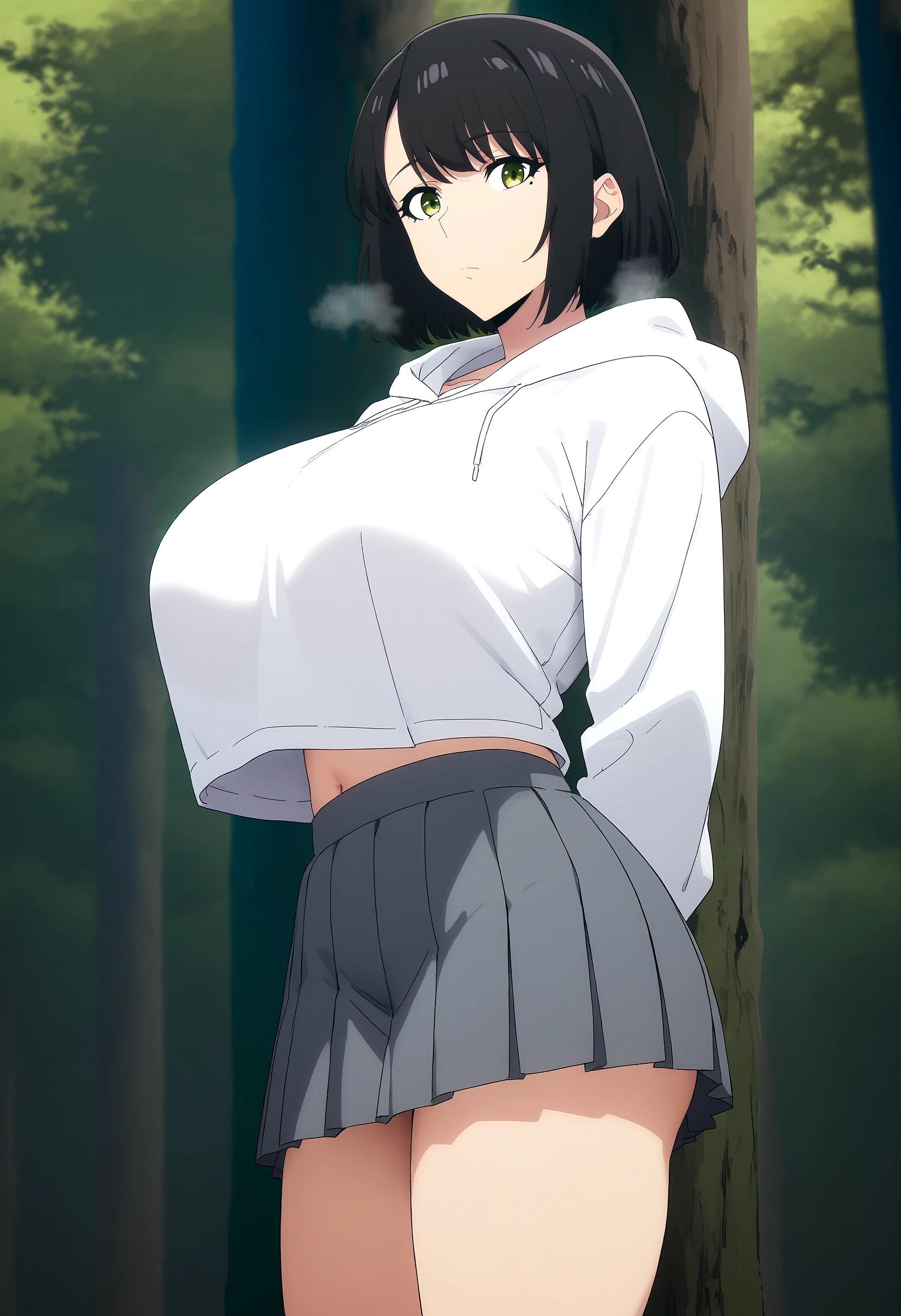 score_9, score_8_up, score_7_up, score_6_up, source_anime, rating_explicit, <lora:neg4all_bdsqlsz_V3.5:2.0>1girl, (solo:1.1), huge breasts, <lora:Han Song iponyxl:1> short hair, mole under eye, green eyes, black hair, bangs, white hooded, white shirt, miniskirt, pleated skirt, grey skirt, expressionless, Narrow shoulders, heavy breathing, steaming body, forest, outdoors, looking at viewer, standing, on tree