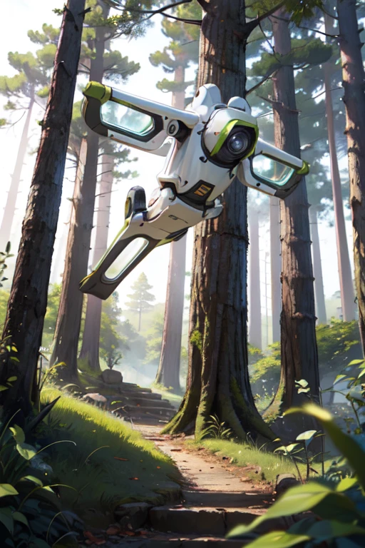 robot flying, dronny, forest on background