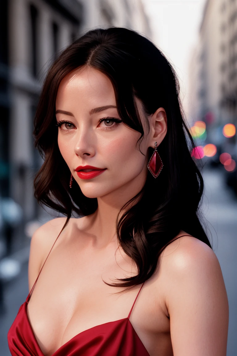 ameliacooke-2295, ((detailed skin, detailed face):1.2),((detailed eyes, beautiful eyes):1.2), ((red lipstick, blush, eye shadow, eyeliner, pale skin)), photo of a woman, closeup portrait, perfect hair, (modern photo, Melon tight top), 24mm, (analog, cinematic, film grain:1.3), (on the streets of Paris, nighttime, gritty:1.1), detailed eyes, (seductive pose), (epicPhoto), upper body, (looking at viewer), earrings, (eyeliner, eyelashes)