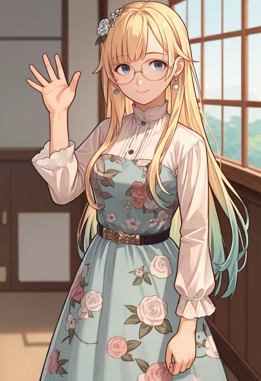 score_9, score_8_up, score_7_up, source_anime, solo, 1girl, aizawa3rd, smile, looking at viewer, standing, waving, long hair, hair flower, glasses, round eyewear, blue dress, floral print, belt, white shirt, long sleeves, earrings, indoors <lora:vspo_emaaizawa_ponyXL:1>