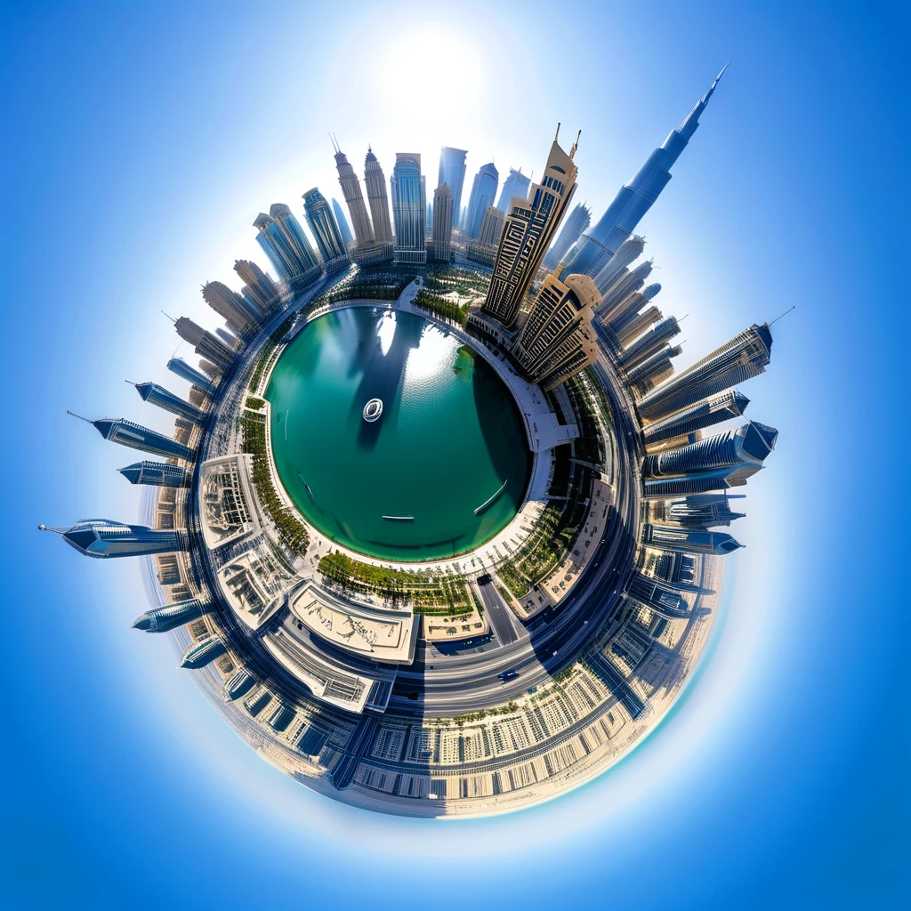 A tiny planet of a modern city in Dubai. The sky is clear and blue. The cityscape below features the Burj Khalifa prominently among sleek skyscrapers and palm-lined boulevards. The sun is high in the sky, casting bright light and crisp shadows.
