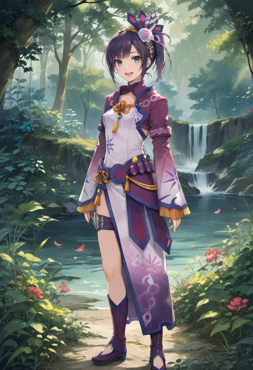 (score_9:0.9),score_8_up,score_7_up,rating_safe,anime style,(zPDXL),<lora:Gobul armor ponyXL v1.2:0.83>,Gobul X gunner armor, white hair ornament, purple knee boots, purple thigh strap, white chinese dress, purple long sleeves, 1girl, solo, purple hair, blue eyes, open mouth, smile, looking at viewer, standing, short hair