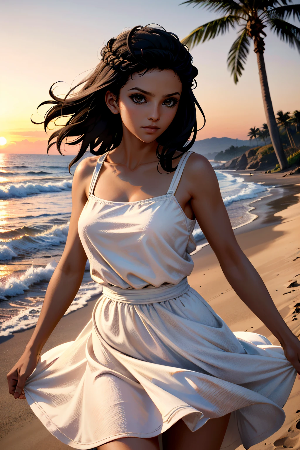 ((ultra detailed, masterpiece, absurdres))
<lora:ACAya:0.7>
ACAya, 1girl, black hair, brown eyes, dark skin, looking at viewer, on a beach during a vibrant sunset, sundress, playing with the waves