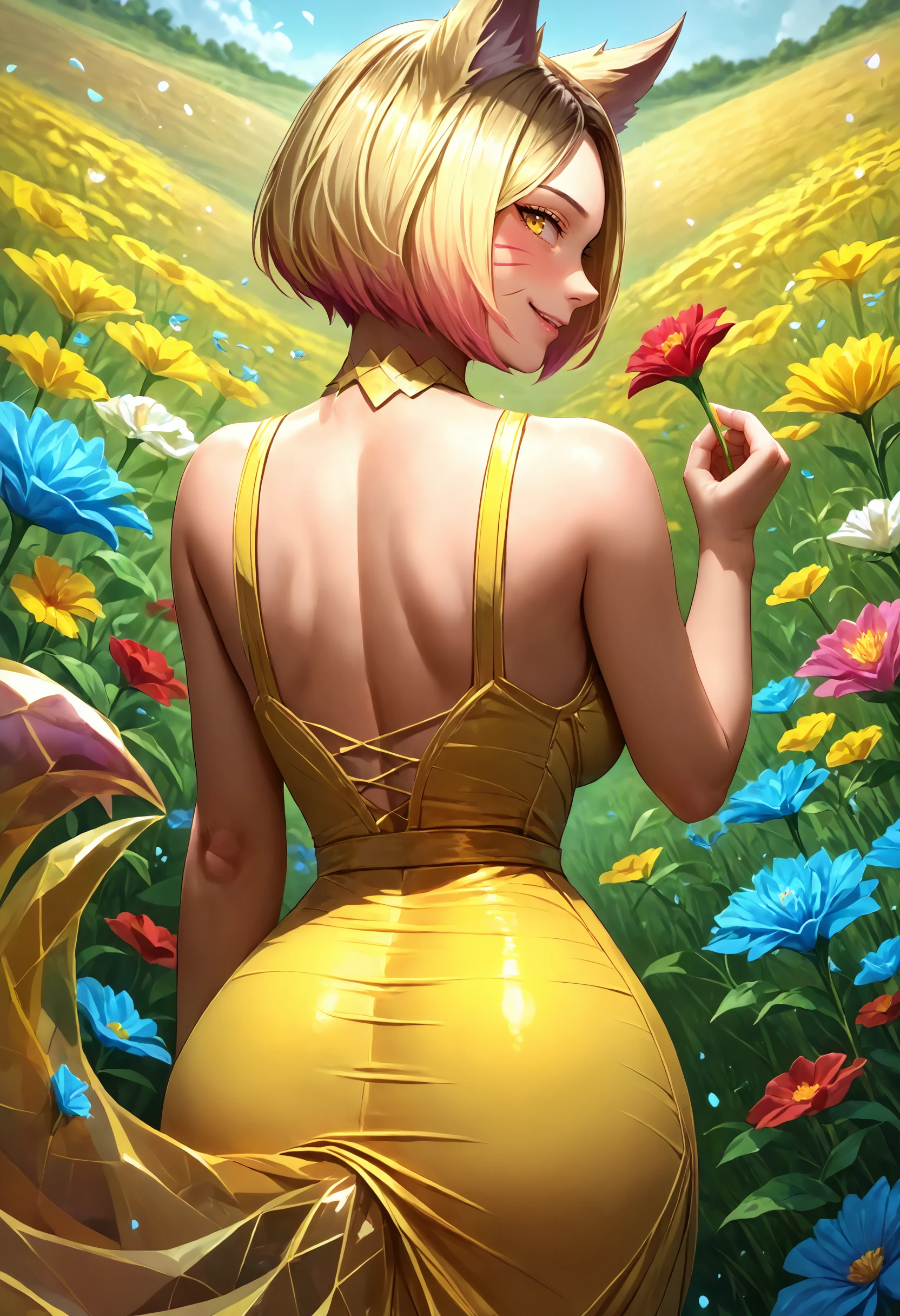 score_9, score_8_up, score_7_up, detailed, ahrikdaap, animal ears, facial mark, fox tail, multiple tails, multicolored hair, short hair, blonde hair, yellow eyes, large breasts, jewelry, <lora:Ahri_KDAPE_pdxl_Incrs_v1:1>, yellow sundress, flowers, colorful flowers, red flowers, blue flowers, field, from behind, looking back, smile, blush