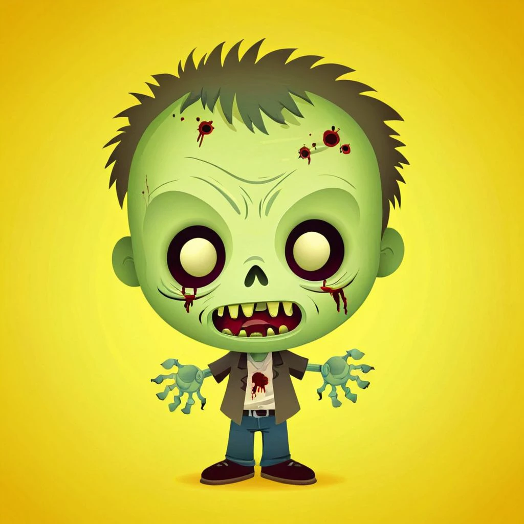 cartoon portrait of Zombie, in jmawx style, cute chibi, full character, smile, detailed facial features, Yellow color gradient background <lora:Jerrod_Maruyama_XL_V11.1:0.85>