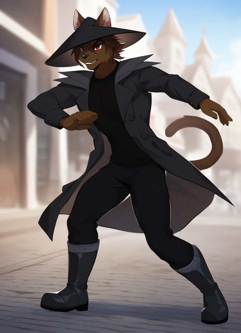 score_9, score_8_up, score_7_up, score_6_up, (carlos_gamerfox:1), ((male focus, 1boy, solo)), male, full body, anthro cat, cat ears, cat tail, brown hair, brown fur, black nose, animal ears, from side, hat, black headwear, red eyes, coat, black coat, shirt, black shirt, boots, black footwear, pants, black pants, ((dynamic pose)), village street, <lora:CarlosGamerfox_epoch_7:0.7>