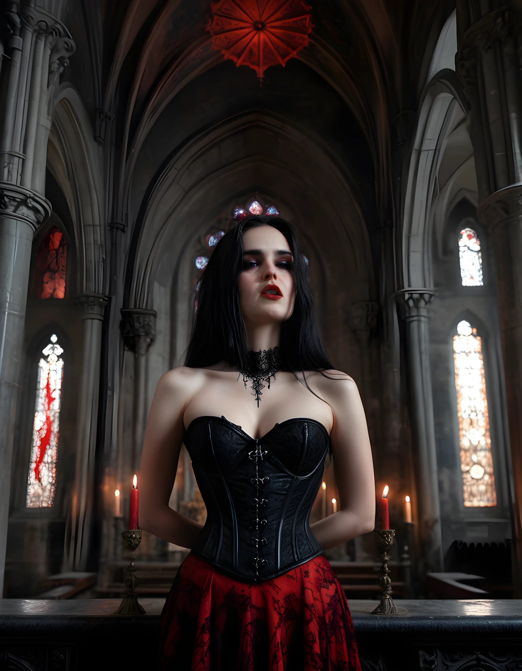 In a dimly lit, gothic cathedral, the woman with the distinctive 0TT1L13 tattoo on her neck, her long, dark hair cascading down her shoulders like a waterfall of raven feathers, stands before an ornate altar. Her lips are parted slightly, revealing a hint of the piercing in her bottom lip, as she gazes intently at an intricate stained-glass window behind her. The camera is positioned low and angles upwards, capturing her vivid, dark eyes and dramatic makeup that accentuates her high cheekbones. Her outfit, a blend of gothic elegance and modern edginess, consists of a black lace corset adorned with silver spikes and a flowing, blood-red skirt, creating a stark contrast against the cold stone walls and faded frescoes in the background. The emotional tone is one of contemplation and defiance, as she stands tall and unapologetic amidst the echoing silence of the ancient church.