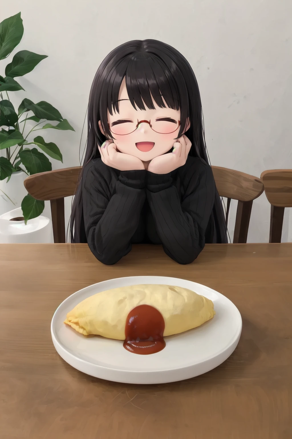 masterpiece, best quality, very aesthetic, absurdres,
1girl, solo, glasses, black hair, long hair, white ribbed sweater, black apron,  happy, smile, looking at viewer, closed eyes, open mouth, sitting, across table, own hands together, hands on cheek,
omurice, plate, food, food focus, still life, wooden table, table, ketchup, spoon
 <lora:omurice_SD15_V1:1>