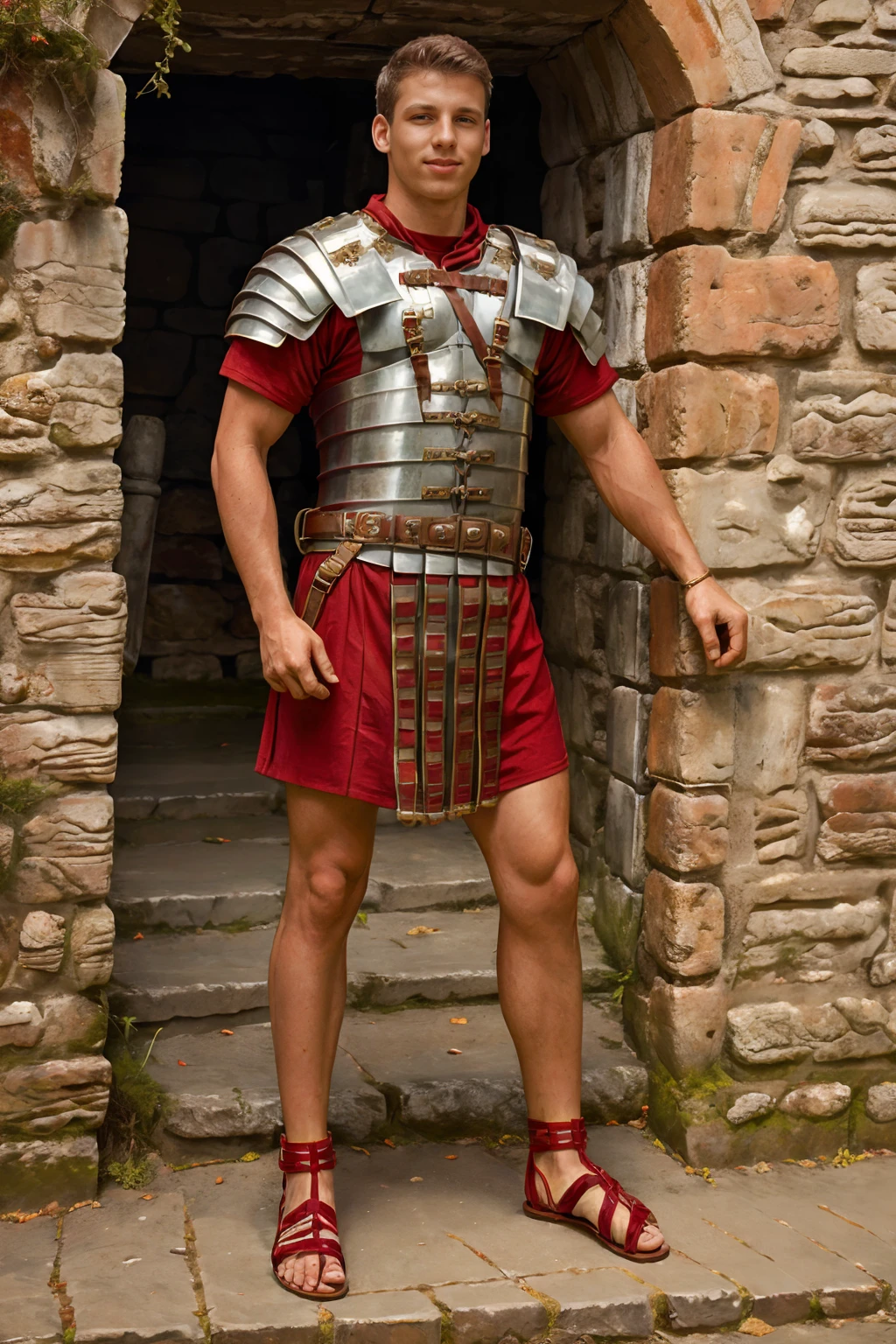 standing at the gate of a roman fort, stone wall, JonKael is wearing loriseg armor, (red tunic), (red shirt), (sandals), slight smile, (((full body portrait))), (full body), wide angle, <lora:loriseg:0.7> <lora:fantrome_v3:0.5>  <lora:JonKael:0.8>