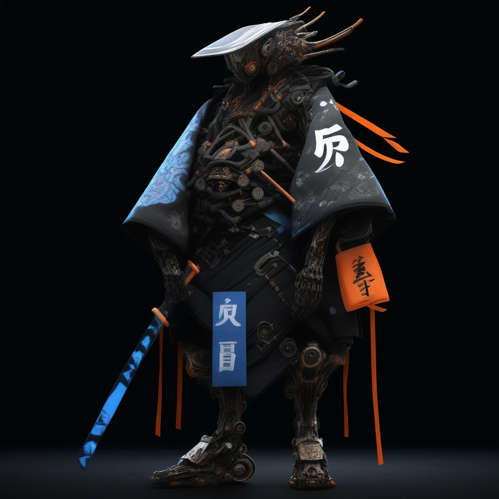 Highly detailed digital artwork featuring a humanoid robot with intricate mechanical components. The robot is adorned in traditional Japanese samurai attire, including an orange kimono with black Japanese characters and symbols. The kimono is draped over the robot's metallic frame, creating a striking contrast between the organic fabric and the synthetic body. The robot's head is sleek and futuristic, with a smooth, dark surface and glowing blue accents. It holds a long, detailed weapon across its shoulders, adding to its warrior-like appearance. The background is a dark, smoky gradient, enhancing the dramatic and intense atmosphere of the image.