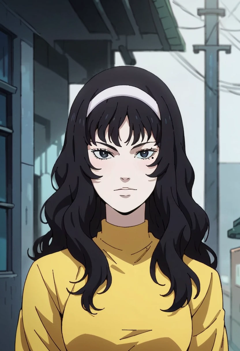 score_9, score_8_up, score_7_up, score_6_up, perfect face, perfect eyes, source_anime, vxtomiem, 1girl, black hair, hairband, solo, long hair, mole under left eye, yellow dress, <lora:tomie_maniac_pony:0.8>, <lora:SDXL_BetterFaces-LoRA_v1:0.85> 4ng3l face, in city