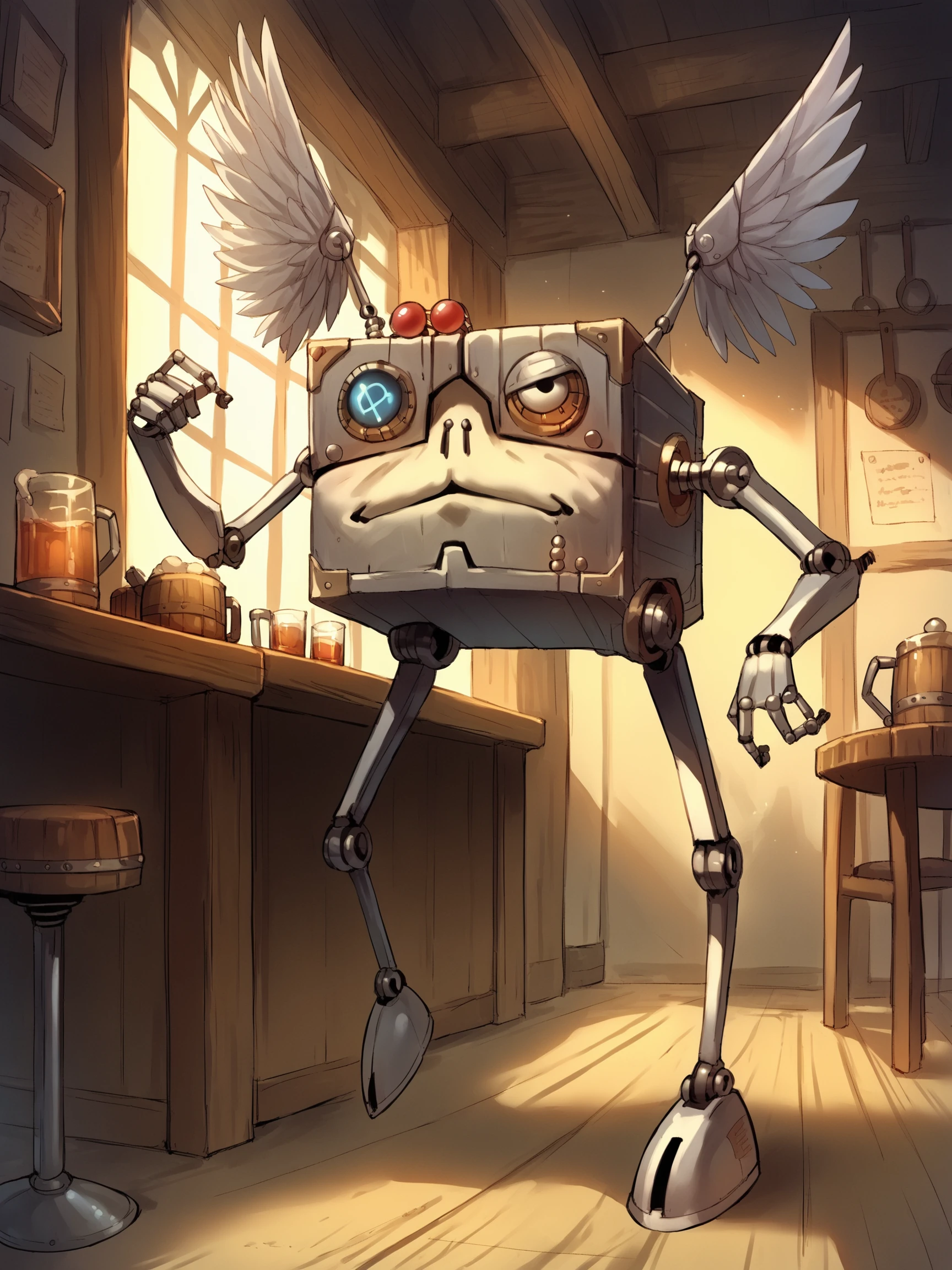 score_9, score_8_up, score_7_up, score_6_up, score_5_up, score_4_up,source_cartoon,modrone robot,metal robot,2 arms,2 legs,wings,small legs,cubic shape,in a tavern<lora:ModronPonyV1>