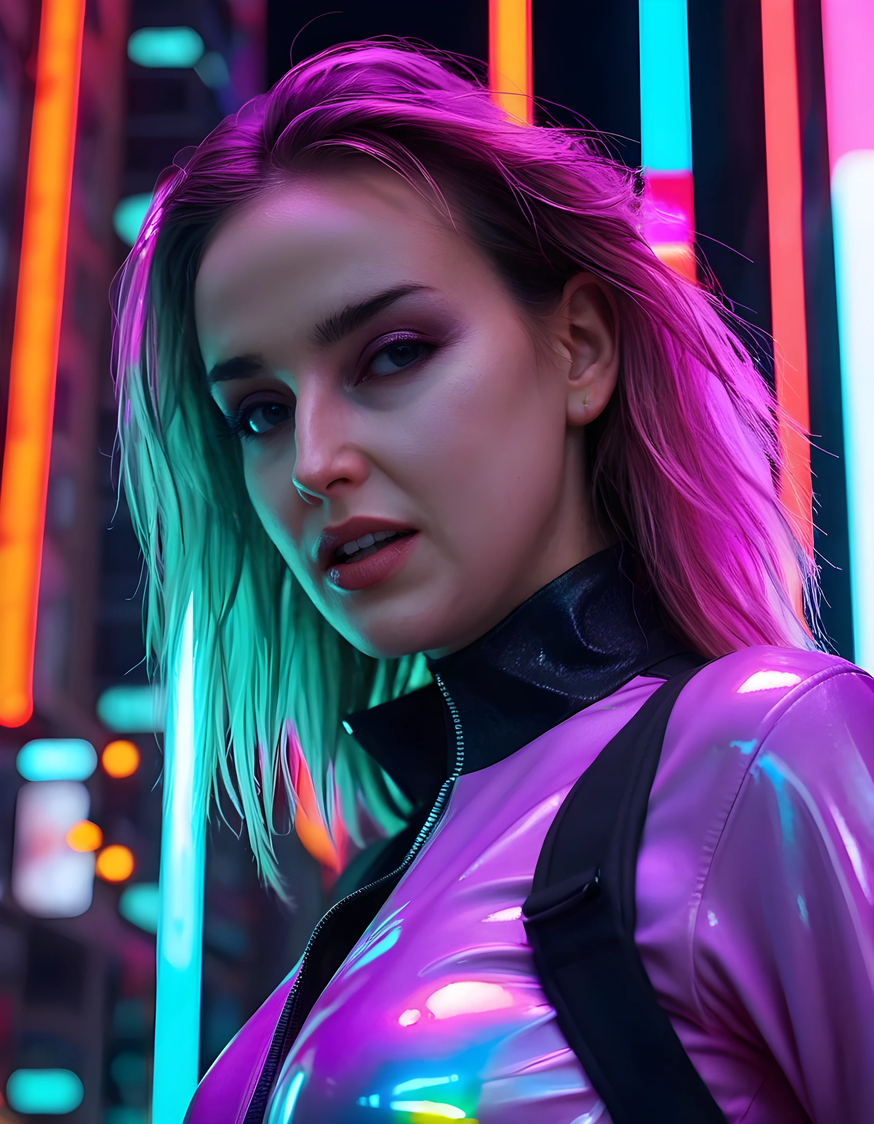 In a surreal, futuristic cyberpunk landscape of neon-lit towering structures and holographic billboards, a woman, known as 0TT1L13, poses confidently with a striking, asymmetrical cybernetic eye patch over her left eye. Her hair cascades in a vibrant rainbow of electric colors down to her waist, framing her sharp, angular facial features and a mole just beneath her right eyebrow. Her lips are painted a bold red, contrasting with the stark white of her perfectly aligned teeth. The camera angle is low, capturing her from below as she leans back slightly, one hand casually tucked into the pocket of her iridescent, form-fitting jumpsuit, while the other hand rests on the hilt of a sleek, metallic sword, its edge reflecting the pulsating neon lights that bathe the scene in an ethereal glow, evoking a sense of power and mystery.