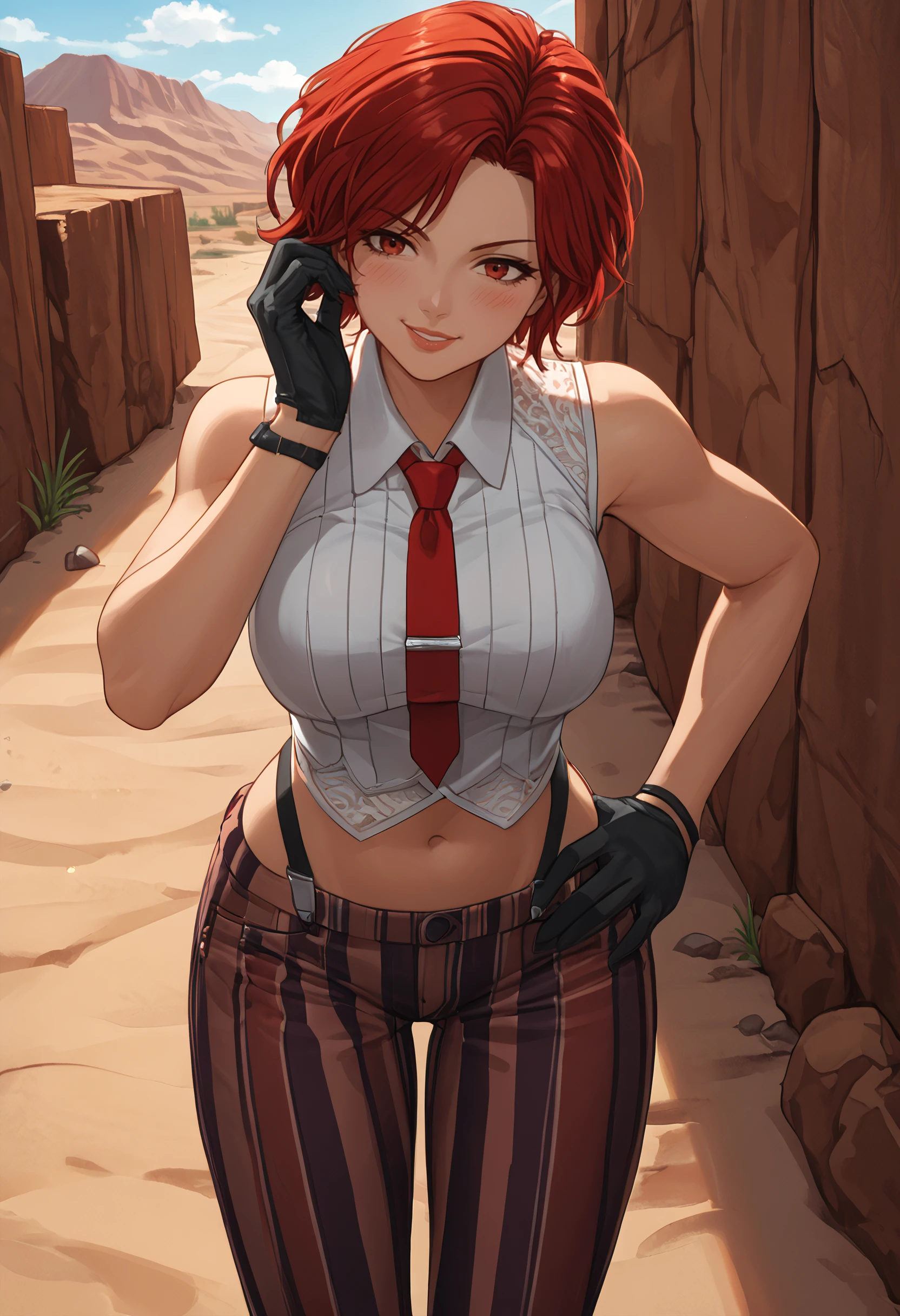 score_9, score_8_up, score_7_up, source_anime BREAK 1girl, solo, cowboy shot, looking down, close-up, 
<lora:VanessaKofDwnsty-000007:1.1>, vanessakofdwnsty, red hair, red eyes, short hair, red necktie, black gloves, vertical-striped shirt, collared shirt, sleeveless shirt, see-through, bare shoulders, vertical-striped pants, multicolored pants, navel, midriff, 
large breasts, skindentation,seductive smile,happy, adjusting hair, from below, leaning forward, hand on own hip, lips, blush, 
outdoors, street, sunlight, desert, camp, path,