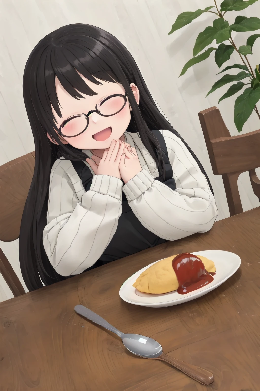 masterpiece, best quality, very aesthetic, absurdres,
1girl, solo, glasses, black hair, long hair, white ribbed sweater, black apron,  happy, smile, looking at viewer, closed eyes, open mouth, sitting, across table, own hands together, hands on cheek,
omurice, plate, food, ketchup, spoon, still life, wooden table, 
 <lora:omurice_SD15_V1:1>