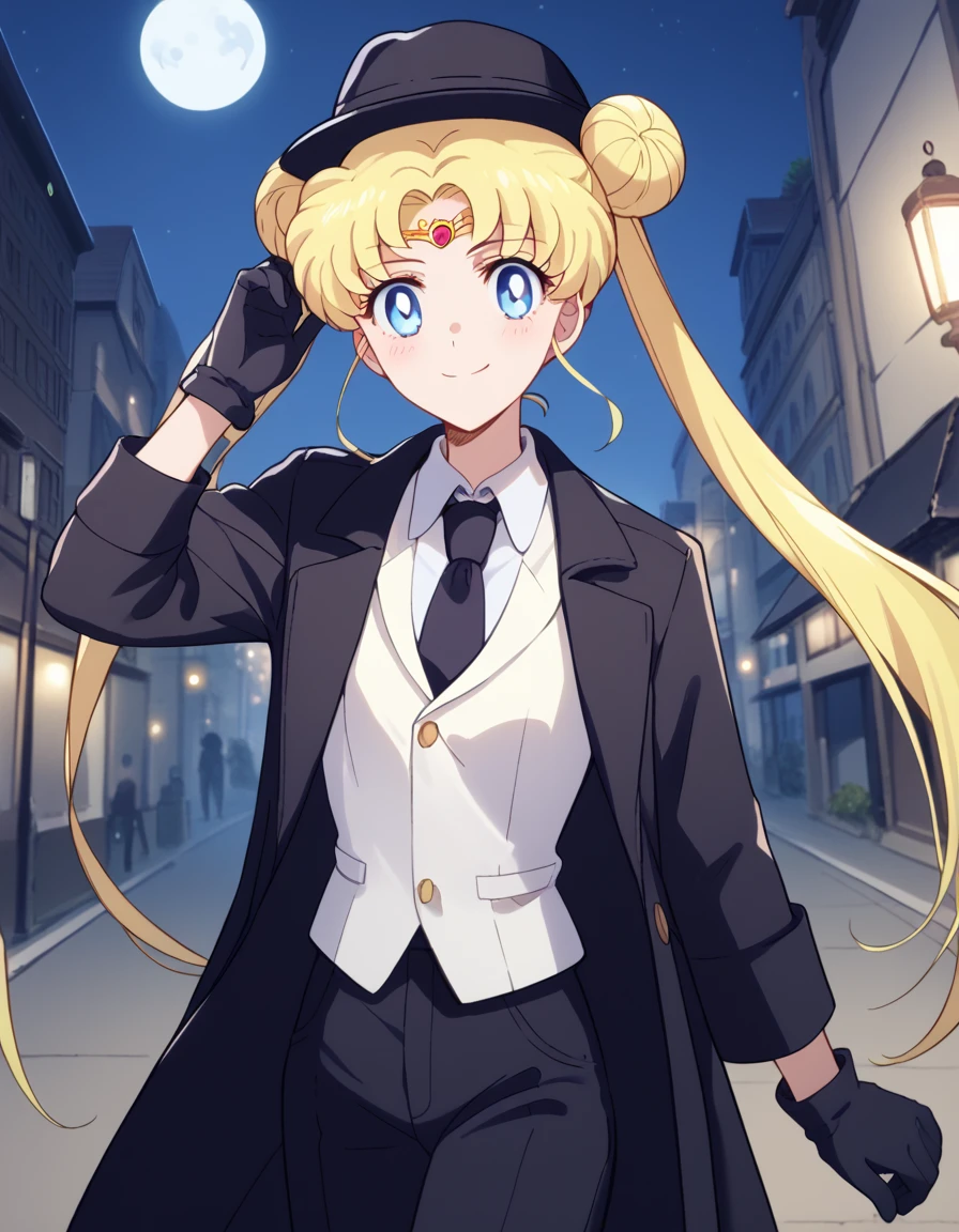 score_9, score_8_up, score_7_up, source_anime, <lora:usagi-tsukino-eternal-movie1-ponyxl-lora-nochekaiser:1>, usagi tsukino, blonde hair, blue eyes, double bun, hair bun, hair ornament, long hair, twintails, circlet, parted bangs,, <lora:fedora-ponyxl-lora-nochekaiser:1>, fedora, hat, mob hat, black hat,, outdoors, night, moon, street, bolo tie, trench coat, hand on headwear, collar, gloves, necktie, pants, suit, looking at viewer, smile, blush, black coat, white vest,, solo, dutch angle, cowboy shot,