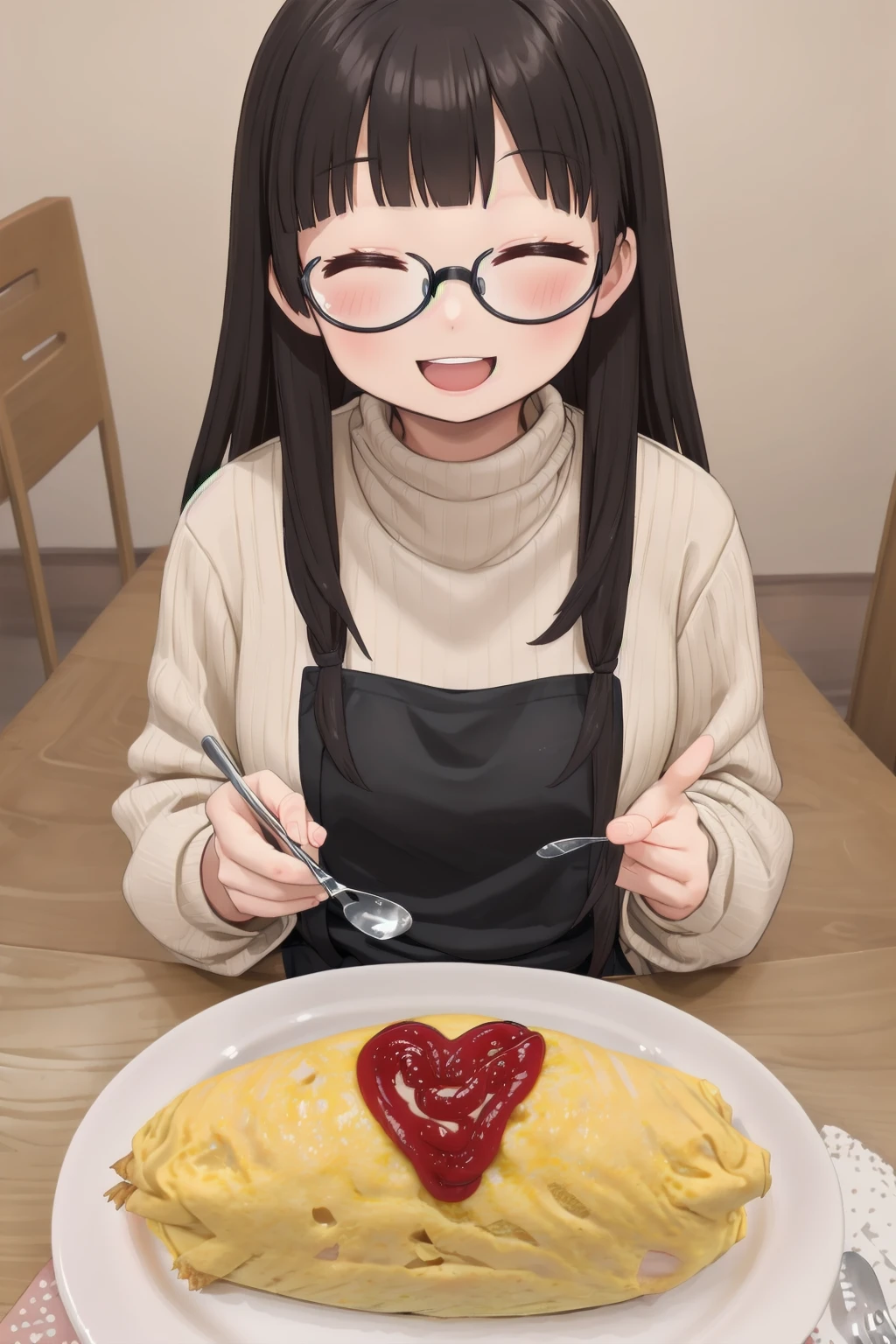 masterpiece, best quality, very aesthetic, absurdres,  
1girl, solo, glasses, black hair, long hair, white ribbed sweater, black apron,  happy, smile, looking at viewer, closed eyes, open mouth, sitting, across table, 
BREAK
omurice_heart, heart, plate, ketchup:1.2), spoon, 
 <lora:omurice_heart_SD15_V1:1>