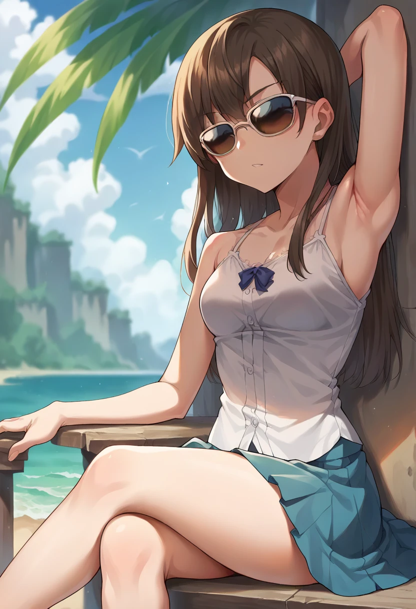 score_9, score_8_up, score_7_up, source_anime, masterpiece, 1girl, ct_h4ruka, camisole dress, skirt, sitting, armpits, sunglasses, depth of field, outdoors, beach, looking at viewer, <lora:Haruka_pony_ct:1>