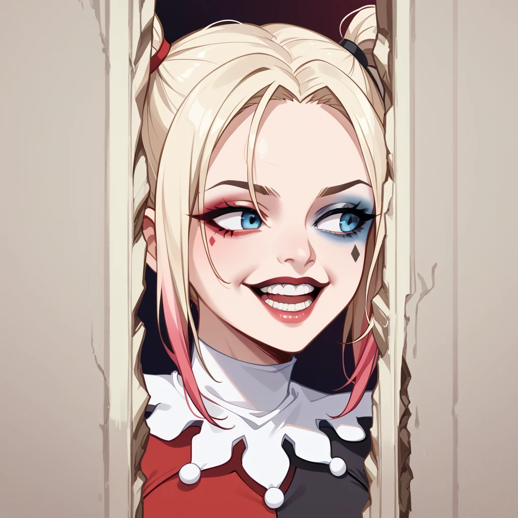 score_9, score_8_up, score_7_up, best quality, masterpiece, source_anime, zPDXL2, BREAK  , theshining, open mouth, smile, teeth, looking away, harley_quinn <lora:The_shining_meme:1.3>