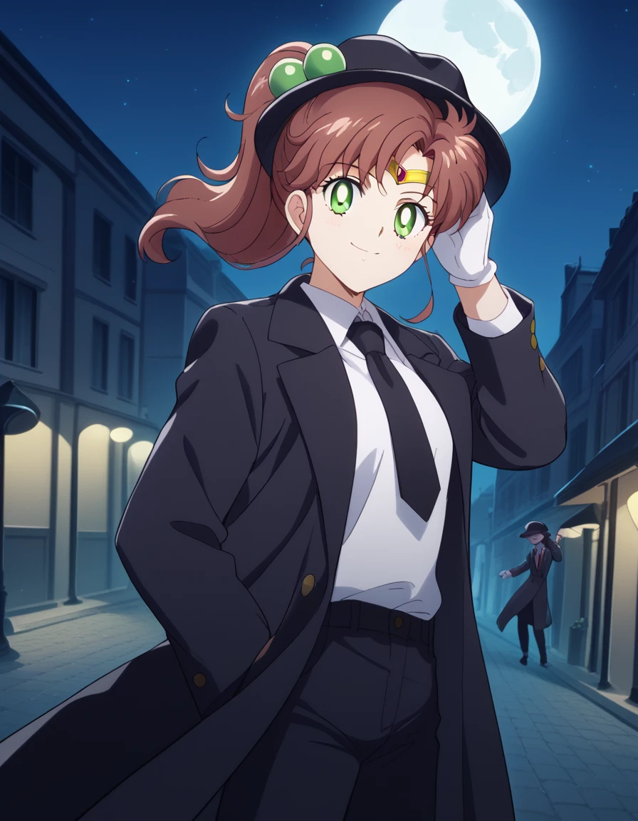 score_9, score_8_up, score_7_up, source_anime, <lora:makoto-kino-eternal-movie1-ponyxl-lora-nochekaiser_r1:1>, makoto kino, brown hair, circlet, green eyes, hair bobbles, hair ornament, medium hair, ponytail, sidelocks, parted bangs,, <lora:fedora-ponyxl-lora-nochekaiser:1>, fedora, hat, mob hat, black hat,, outdoors, night, moon, street, bolo tie, trench coat, hand on headwear, collar, gloves, necktie, pants, suit, looking at viewer, smile, blush, black coat, white vest,, solo, dutch angle, cowboy shot,