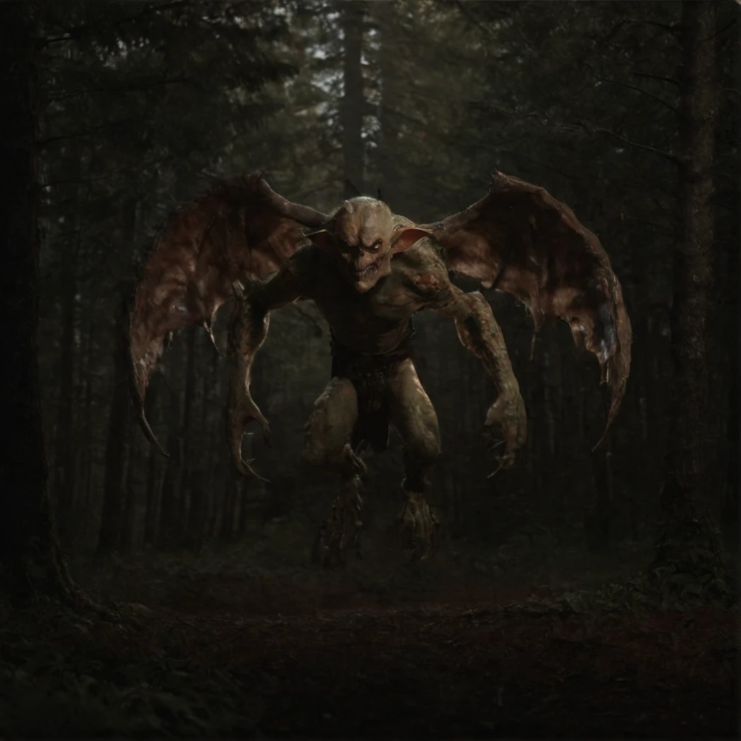 (Flying Imp), wings, day, natural Light, (creature, monster, moody forest), (UHD, 8K, ultra detailed, looking at the camera, highly detailed, best quality, high detail, amazing detail, masterful, work of a master, highly detailed background, shallow depth of field, photorealistic, RAW image, 
8k high resolution, ray tracing, realistic, volumetric lighting), 
