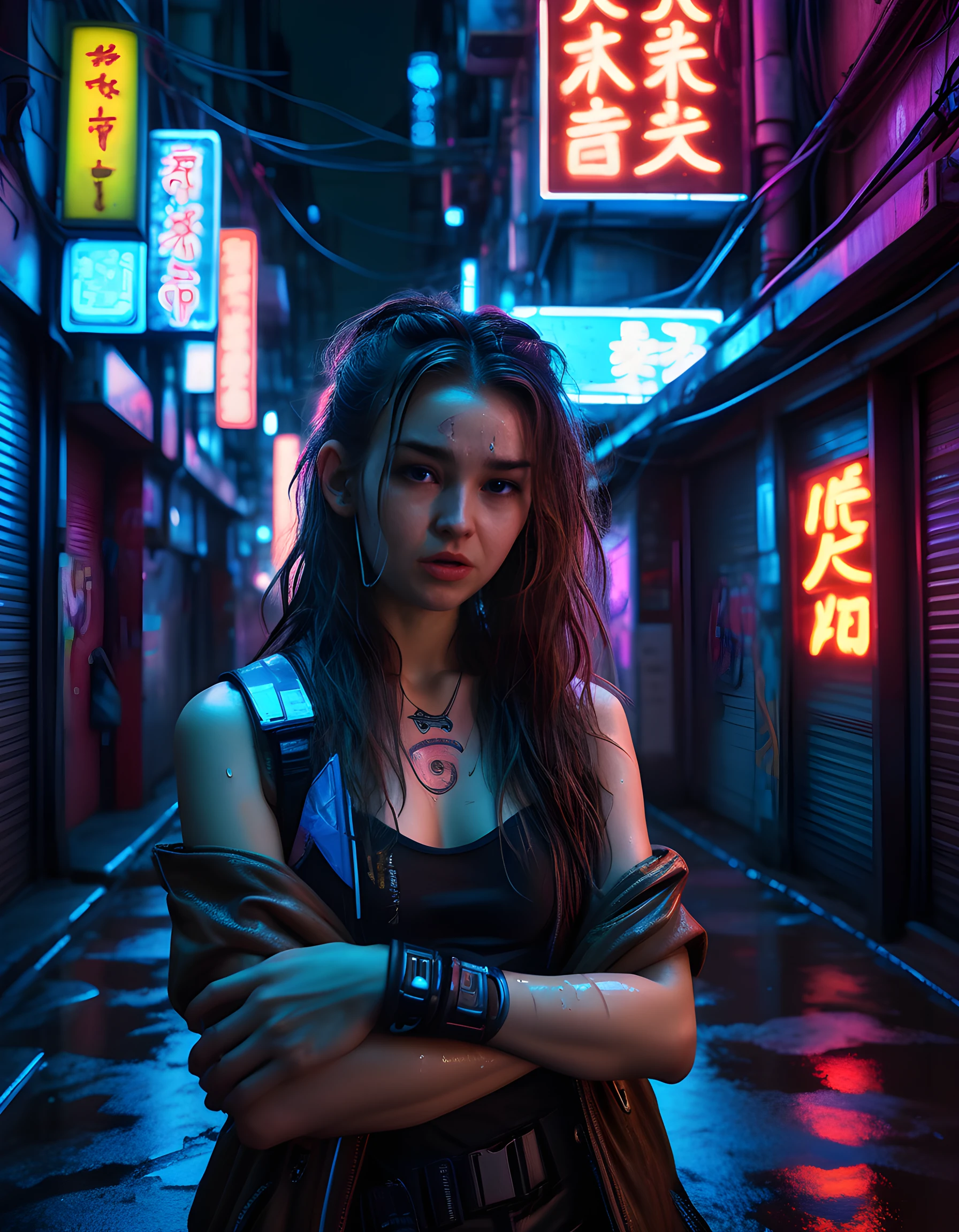 In a grungy, neon-lit alleyway of the cyberpunk metropolis Night City, 0TT1L13, a woman with long, messy brown hair and piercing brown eyes adorned in an avant-garde, neon-colored outfit that blends futuristic technology and traditional Japanese aesthetics, stands defiantly with her arms crossed, her lips curled into a smirk, her teeth glinting menacingly in the flickering light. Her cybernetic eye pulsates with an eerie blue glow, reflecting off the wet pavement and neon signs, as she boldly meets the viewer's gaze, daring them to challenge her dominance in this dark, dystopian world.