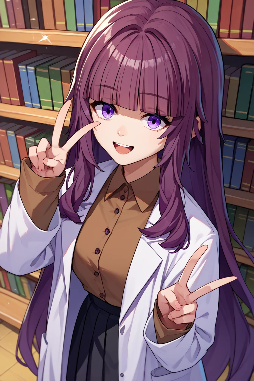 score_9, score_8_up, score_7_up, score_6_up, source_anime, 1girl, <lora:eta-pdxl-nvwls-v1:1> eta, purple hair, blunt bangs, long hair, white labcoat, brown shirt, collared shirt, black skirt, peace sign, looking at you, library, happy