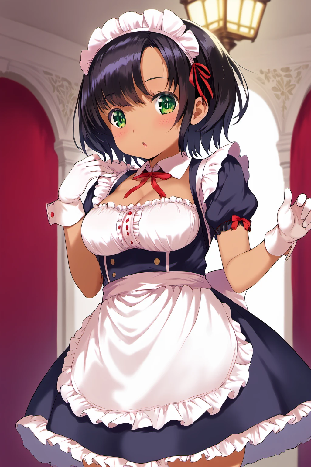 Solo, 1girl, female, adult, large body, tall, cute face, green eyes, detailed eyes, brilliant eyes, black hair, short hair, perfect anatomy, brown skin, dark skin, detailed skin, perfect hands, perfect face, eyes wide open, large breast, clavage, BREAK maid outfit, maid headgear, white gloves, BREAK standing, blush, surprised expression, masion, indoors, colorful, looking at viewer, dutch angle, BREAK ((ultra-detailed)), ((best quality)), ((best quality)), ((beautiful eyes)), ((extremely detailed)), 4K, (8K), best quality, (beautiful), Master piece, highres, score_9, score_8_up, score_7_up, score_6_up, score_5_up, score_4_up, colorful, best quality, official art, highres, masterpiece, nai3, god light, detailed background, high quality background, AddXL, <lora:Visark:1> visark, <lora:more_details:1> <lora:light_sharp_style_magin3.1:1>