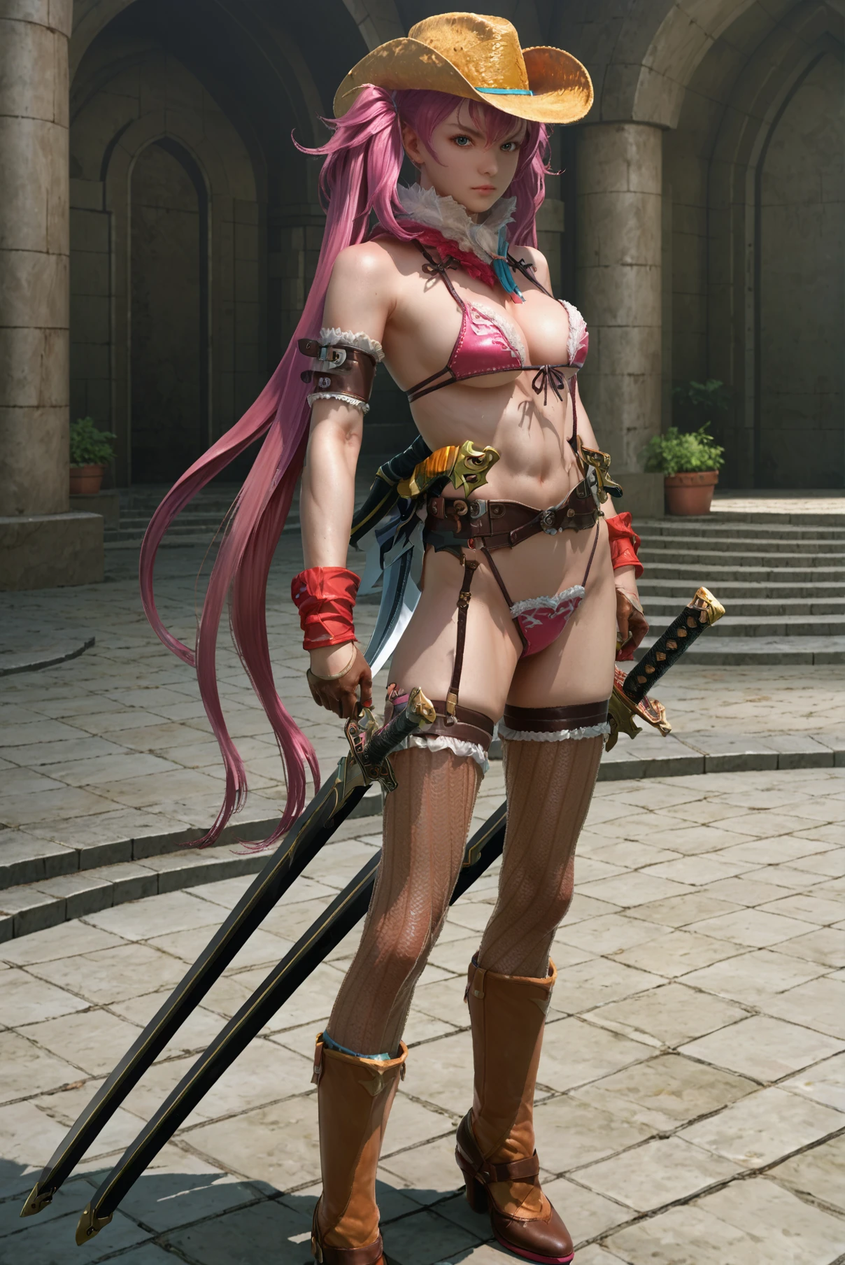 score_9, score_8_up, score_7_up, <lora:Kagura_Onechanbara_Z2:0.7> 1girl, solo, long hair, pink hair, weapon, bikini, breasts, twintails, sword, hat, thighhighs, fishnets, gloves, looking at viewer