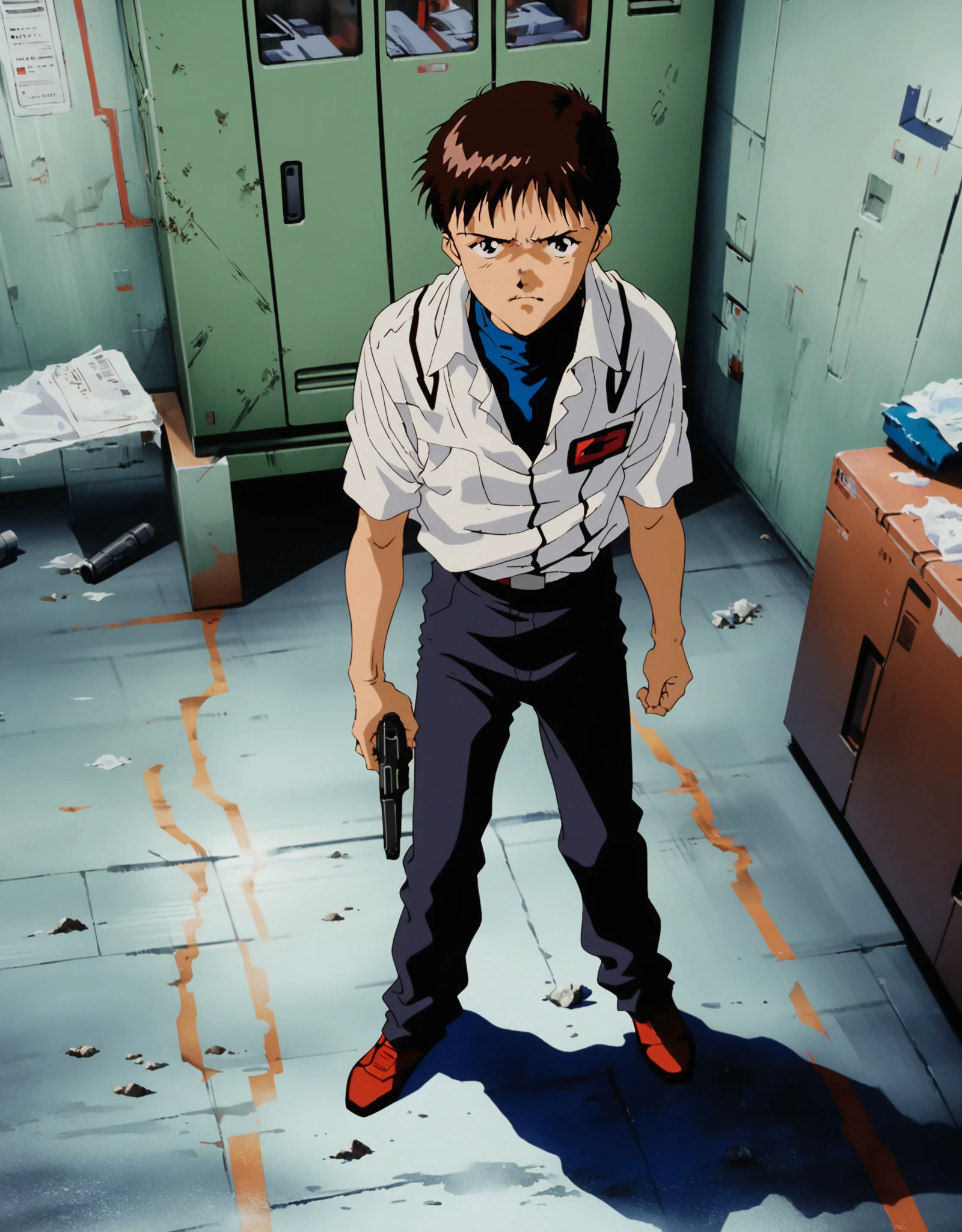 1boy,male focus,ikari shinji,neon genesis evangelion,solo,holding a handgun, standing,serious face,looking at viewer,indoors,full body,cinematic angle,(masterpiece),(best quality),(ultra-detailed),very aesthetic,illustration,disheveled hair,perfect composition,moist skin,intricate details,<lora:cel_mikimoto_xl_v1.0:0.8>,