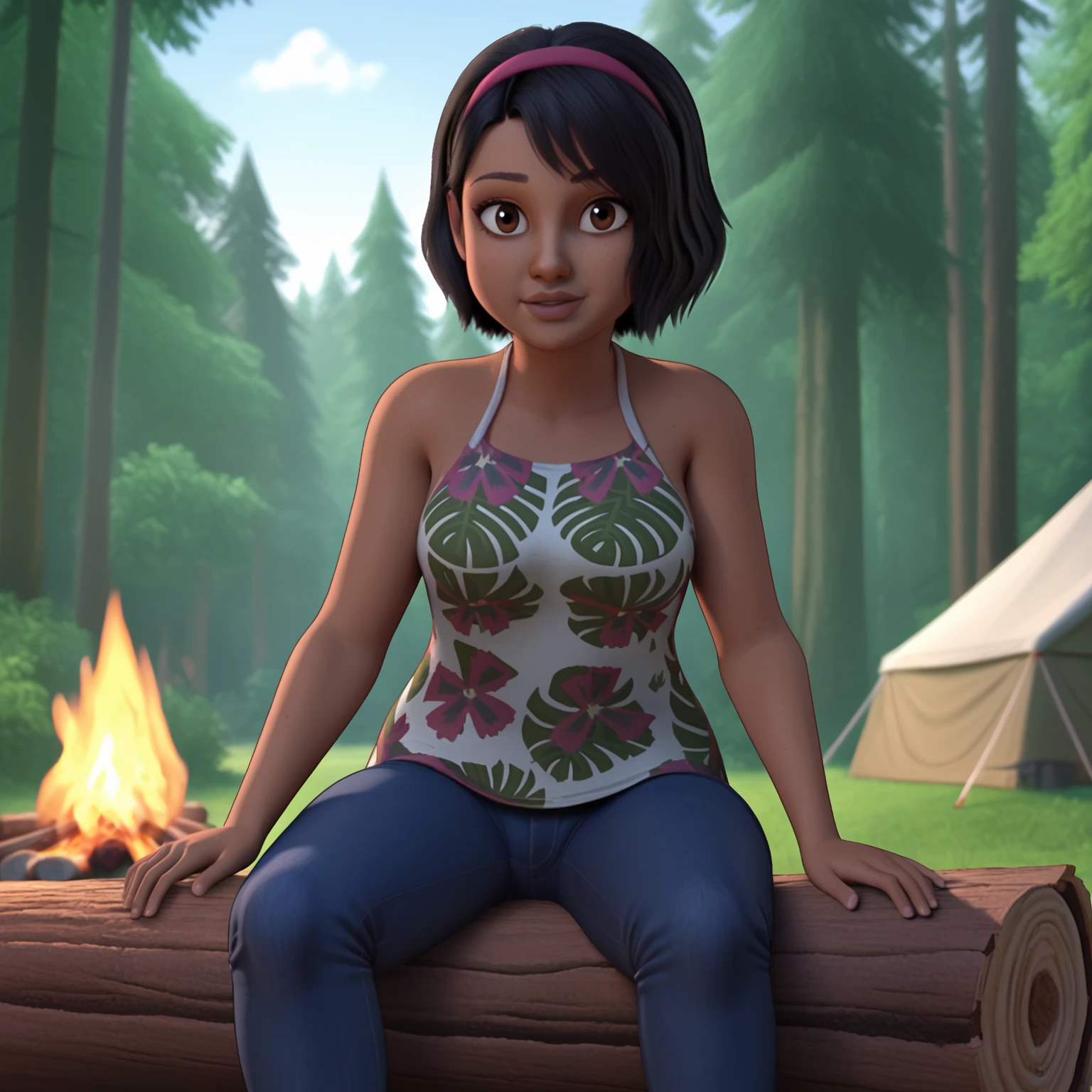 1girl, solo, <lora:Sammy Gutierrez - Jurassic World Camp Cretaceous-000010:1>, SammyGutierrez, black hair, short hair, pink hairband, brown eyes, dark-skinned female, tank top, floral print, bare shoulders, jeans, cowboy shot, day, outdoors, campfire, tent,  forest, looking at viewer, sitting, sitting on log,