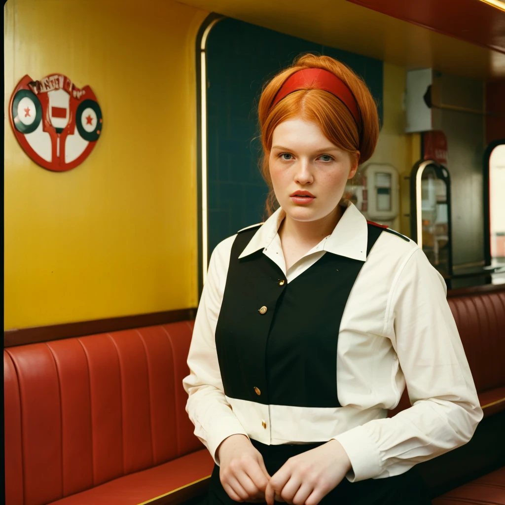 Antwerp, <lora:TessMcMillan:1> 22 year old Tess McMillan.  decently dressed, posing for a photo as a waitress in a 60s diner , 4k,raw, professionally color graded masterpiece