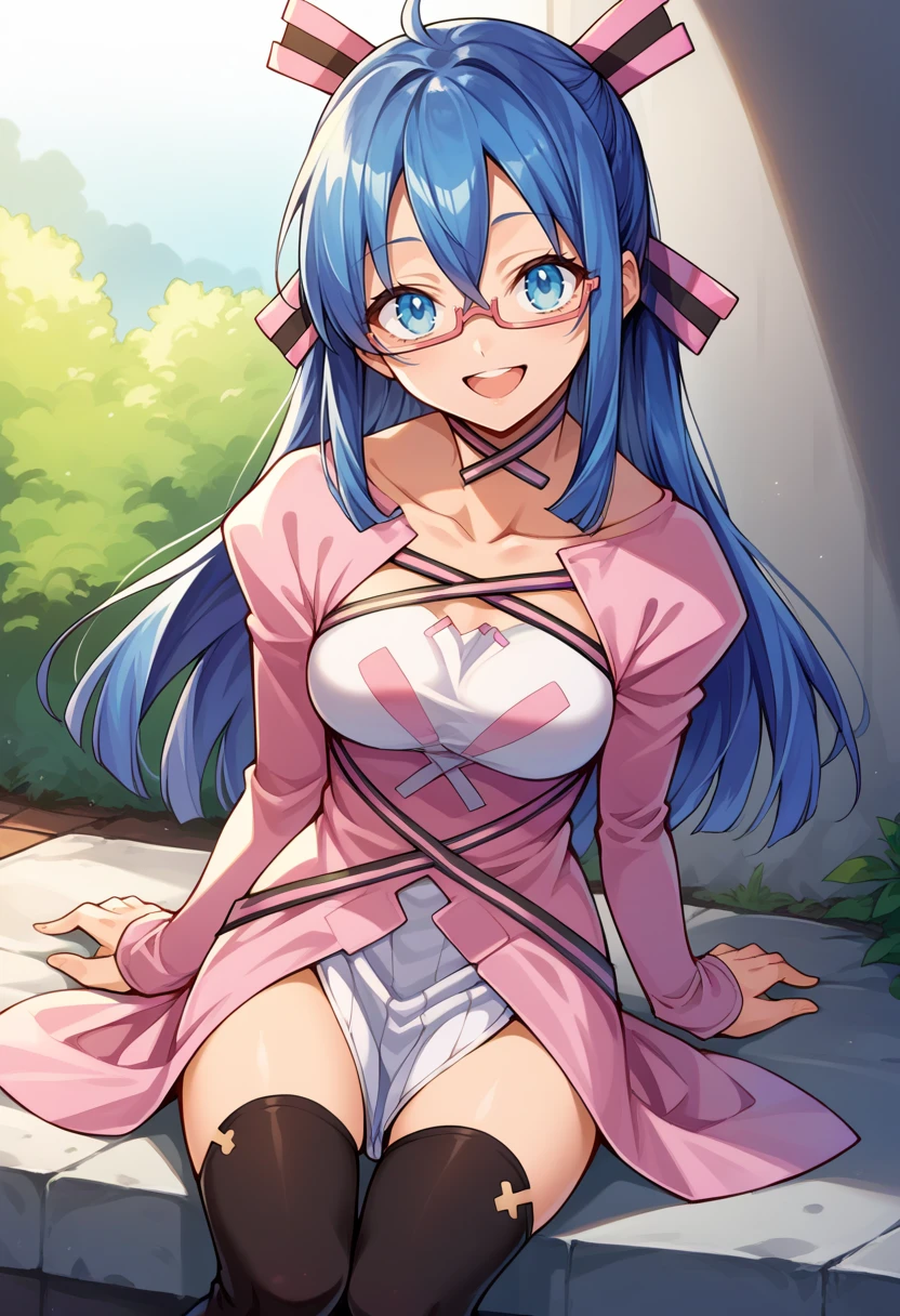 score_9, score_8_up, score_7_up, source_anime, BREAK, solo, 1girl, looking at viewer, smile, <lora:Midori-pdxl_Fp:1>, midoridesu, blue eyes, blue hair, long hair, glasses, hair ribbon, pink dress, black thighhighs, long sleeves, open mouth, sitting,